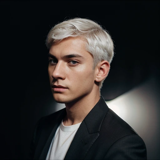 white short hair black.suit boy side eye look black background