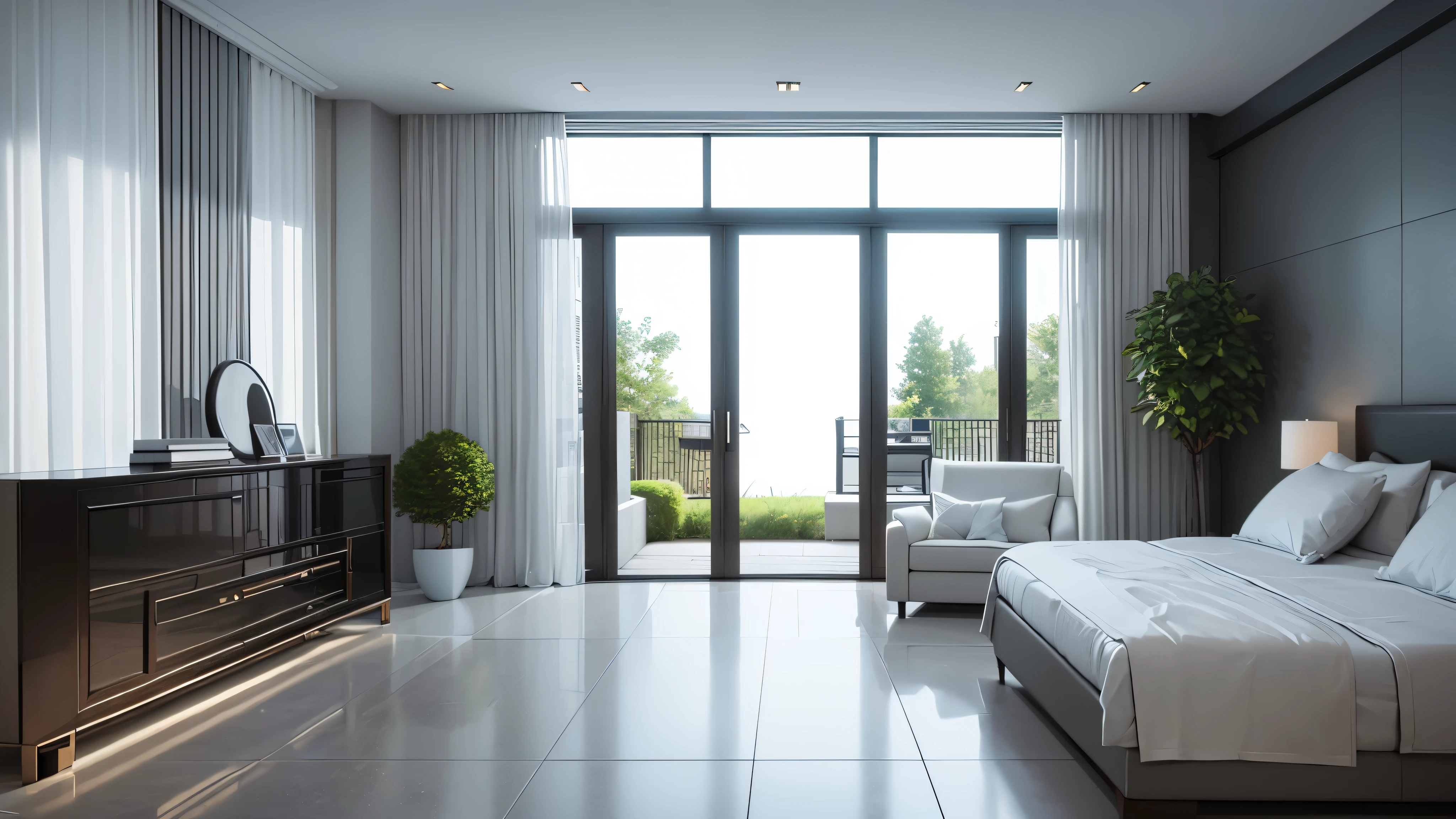 You are a famous interior designer、You have been asked to create a 3D image of a modern large room. Create a harmonious environment with modern and minimalist furniture. Including garden interior.
