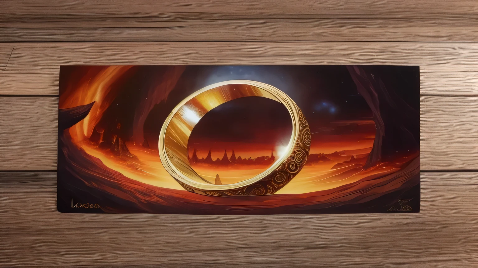 Close up of painted ring on wooden surface, lord of the ring art, lord of the ring, One ring rules everything, ring of fire, lord of the rings style, middle earth landscape, ring of fire inspired, ring fan art, lord of the rings, eye of sauron, middle earth, ring of fire