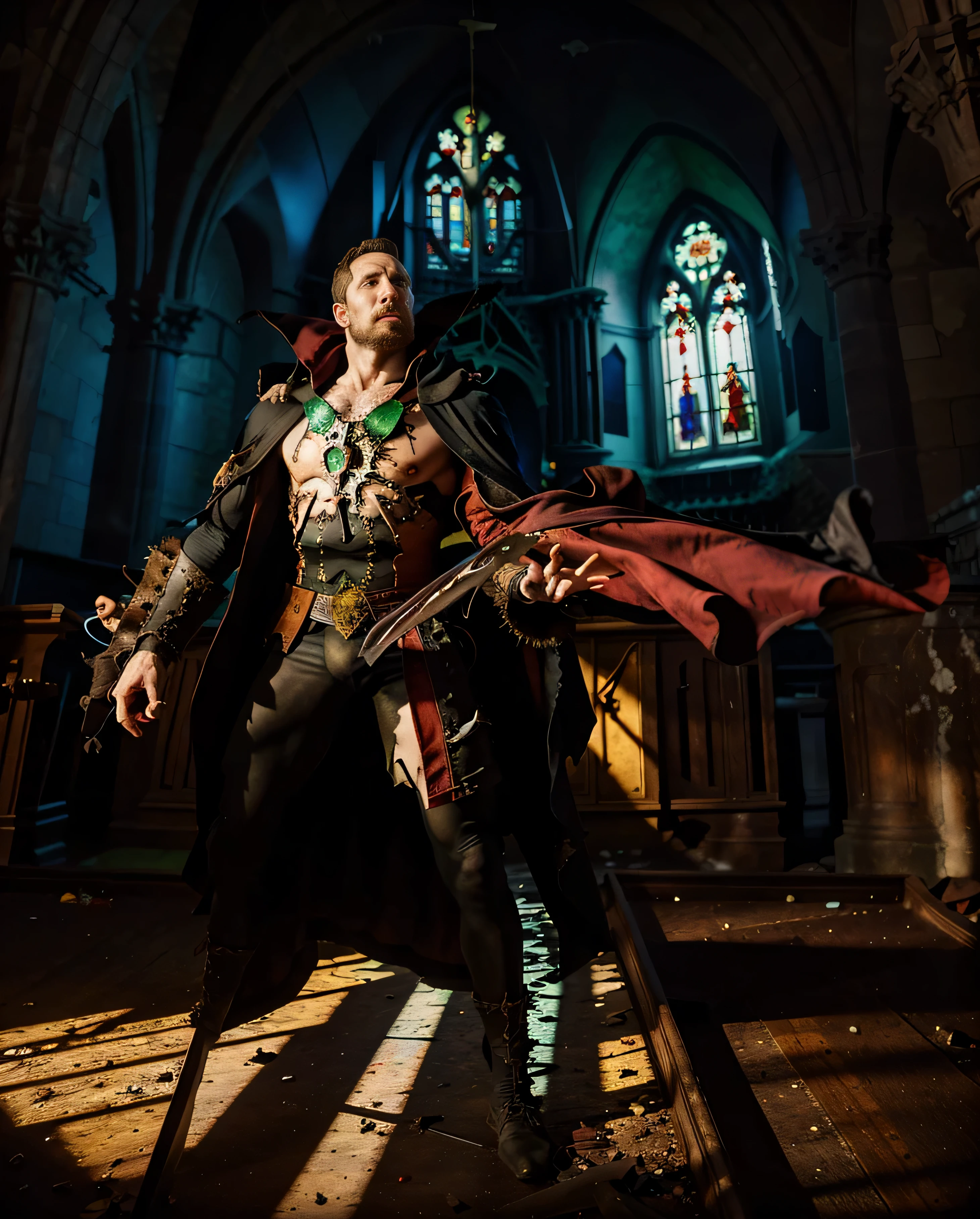 Spawn inside a Gothic church shooting. Large broken stained glass windows. Night.