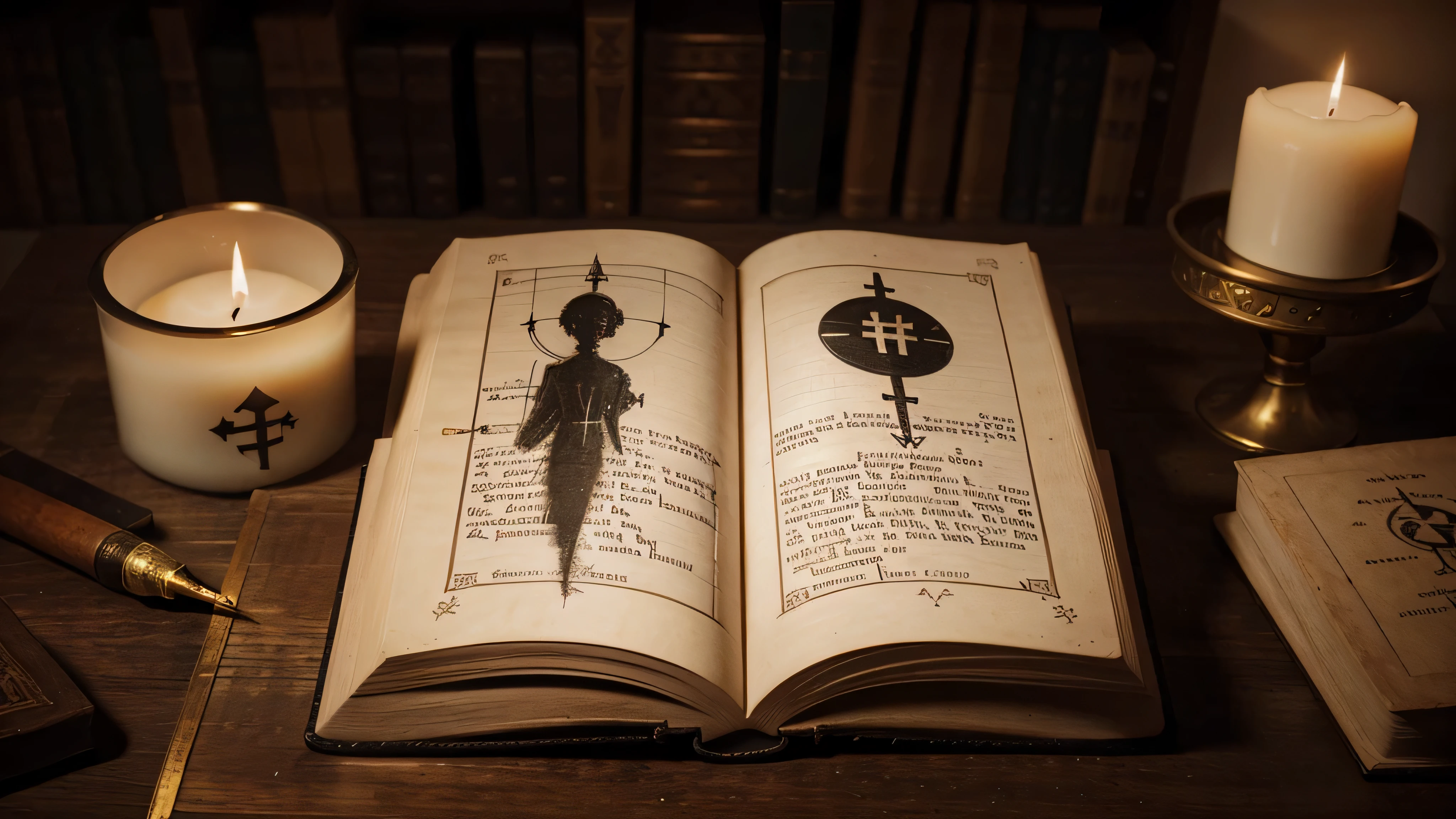 occult book on a pedestal, candles around, mysterious drawings and pictogram on the page of the book, dim lighting, close-up of the book in the whole frame,