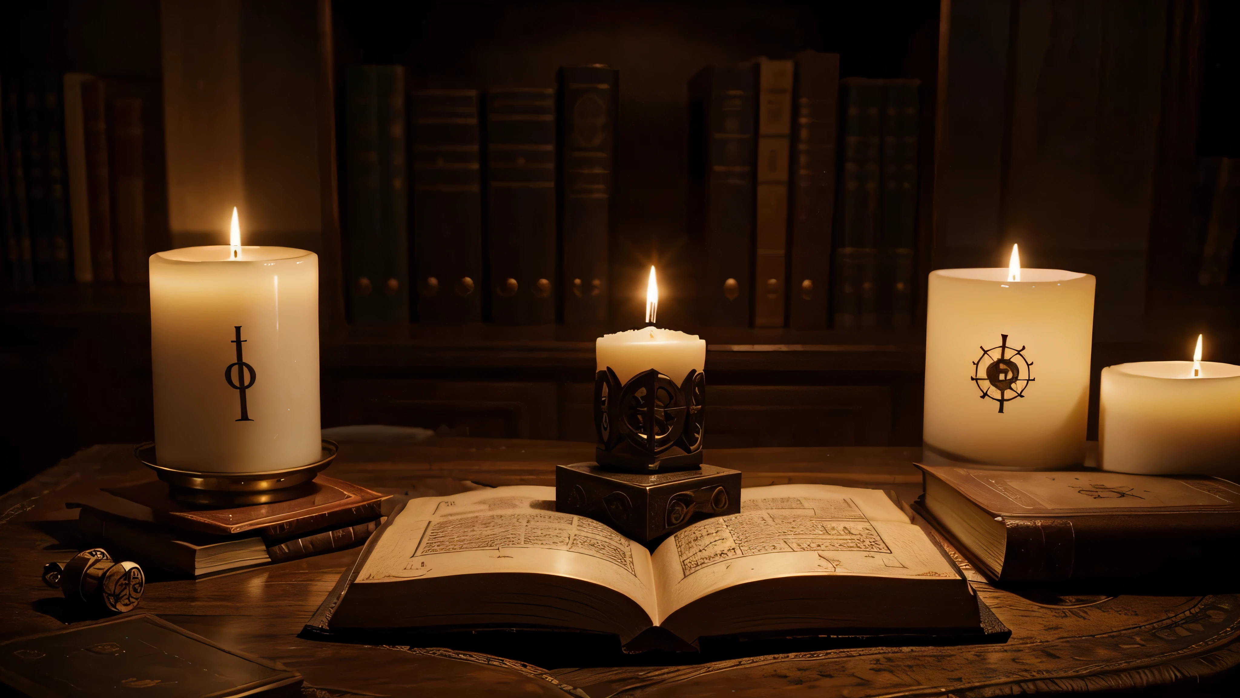occult book on a pedestal, candles around, mysterious drawings and pictogram on the page of the book, dim lighting, close-up of the book in the whole frame,