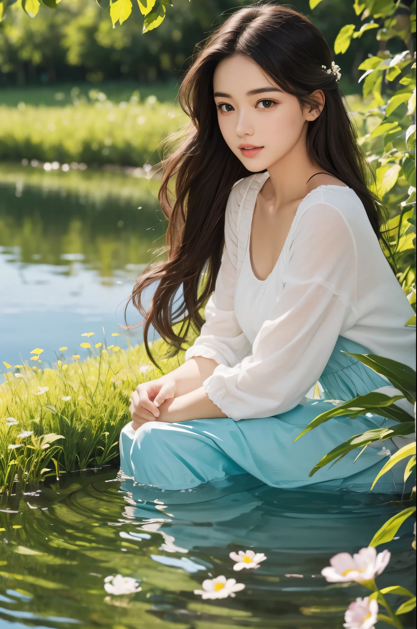 lake, girl, beautiful detailed eyes, beautiful detailed lips, long hair, flowing dress, gentle smile, peaceful atmosphere, soft sunlight, vibrant colors, water ripples, green grass, blooming flowers, serene reflection, tranquil setting, nature scenery, photo-realistic:1.37, vivid colors, landscapes