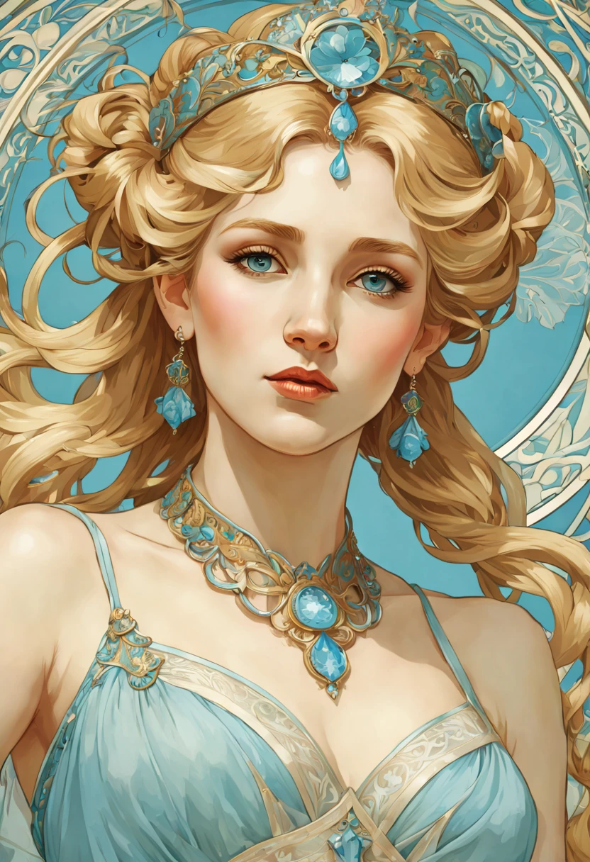 (masterpiece, best quality, highly detailed, ultra-detailed, intricate), illustration, Art Nouveau by Alphonse Mucha, dynamic angle, beautiful slim woman, vibrant blond hair with elaborate hair buns, detailed ice blue eyes, elaborate dress, elaborate crown, necklace, big dangle earrings, serene facial expression, elaborate detailed realistic art nouveau mucha background, natural light,1girl, looking at camera,solo