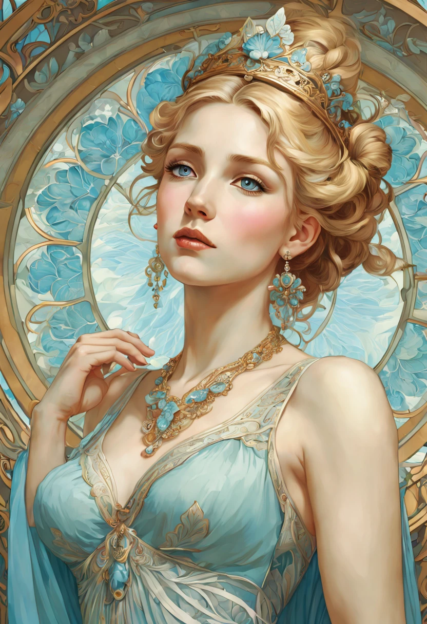 (masterpiece, best quality, highly detailed, ultra-detailed, intricate), illustration, Art Nouveau by Alphonse Mucha, dynamic angle, beautiful slim woman, vibrant blond hair with elaborate hair buns, detailed ice blue eyes, elaborate dress, elaborate crown, necklace, big dangle earrings, serene facial expression, elaborate detailed realistic art nouveau mucha background, natural light,1girl, looking at camera,solo