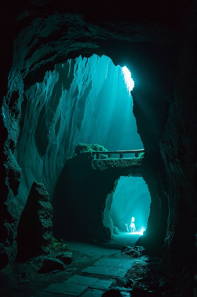 It's a mysterious, dark cave with glowing, illuminated walls, perfect for writing stories and secrets.