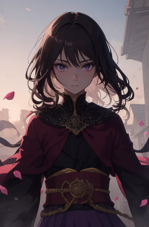 1girl, beautiful anime girl, short wavy brown hair, freckles. Dark purple robes, long skirt, petals, samurai, dark eyelashes, perfect eyes, perfect face, intricate, intricate details, epic, character portrait, cinematic portrait, anime, anime art