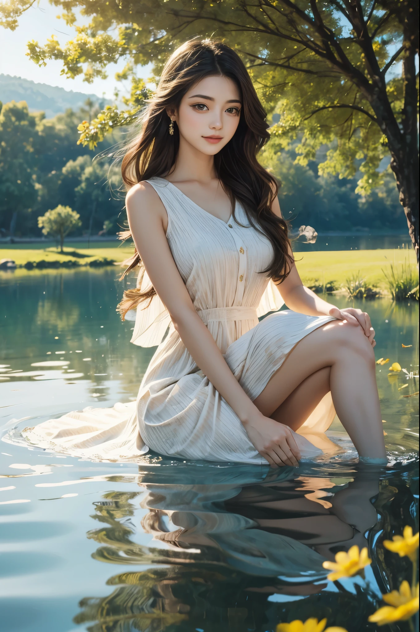 lake, girl, beautiful detailed eyes, beautiful detailed lips, long hair, flowing dress, gentle smile, peaceful atmosphere, soft sunlight, vibrant colors, water ripples, green grass, blooming flowers, serene reflection, tranquil setting, nature scenery, photo-realistic:1.37, vivid colors, landscapes