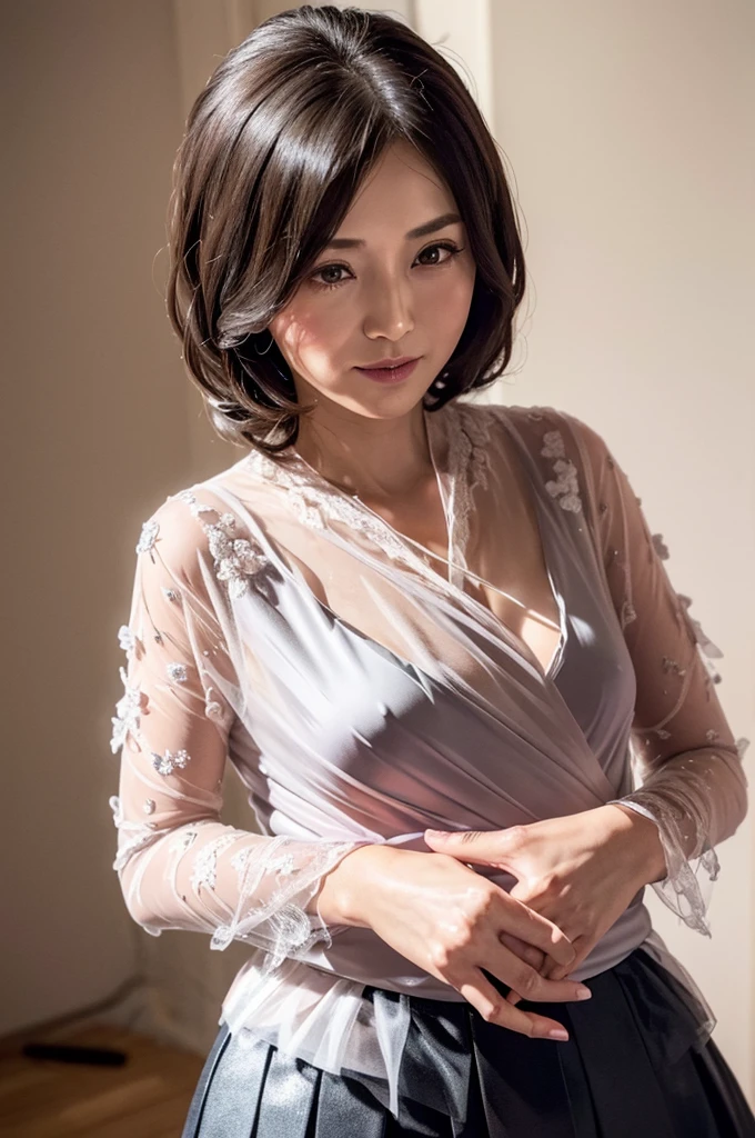 (傑作, 最高品質), 日本人 成熟した, (一人で), 60歳, (目尻のしわ:1.25), 大きな胸, 熟女, グラマー, セクシーな, 真っ白な肌, 視聴者を見ている、(超大きな乳房:1.28)、(ウェイビーロングヘア)、小さいダイヤのネックレス、イヤリング、(((wrap blouse, tulle skirt)))、ショートブーツ、スマイル、公共の場、足を組む、椅子に座る、全身フォト、