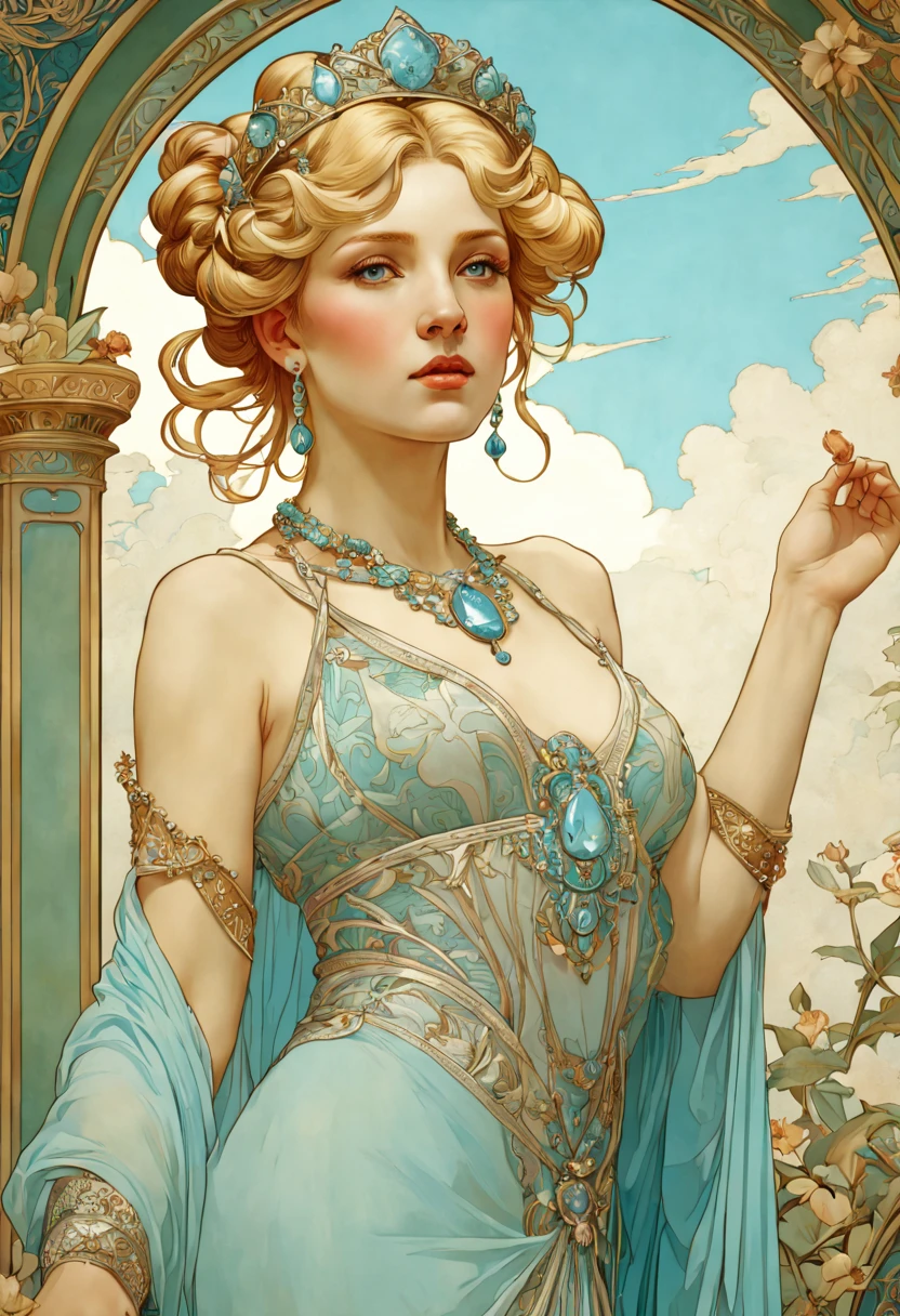 (masterpiece, best quality, highly detailed, ultra-detailed, intricate), illustration, Art Nouveau by Alphonse Mucha, dynamic angle, beautiful slim woman, vibrant blond hair with elaborate hair buns, detailed ice blue eyes, elaborate dress, elaborate crown, necklace, big dangle earrings, serene facial expression, elaborate detailed realistic art nouveau mucha background, natural light,1girl, looking at camera,solo
