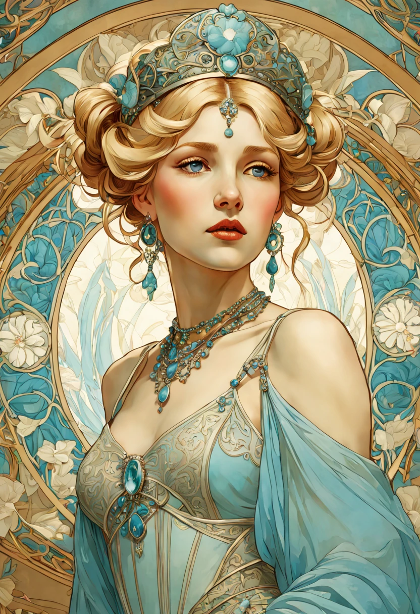 (masterpiece, best quality, highly detailed, ultra-detailed, intricate), illustration, Art Nouveau by Alphonse Mucha, dynamic angle, beautiful slim woman, vibrant blond hair with elaborate hair buns, detailed ice blue eyes, elaborate dress, elaborate crown, necklace, big dangle earrings, serene facial expression, elaborate detailed realistic art nouveau mucha background, natural light,1girl, looking at camera,solo