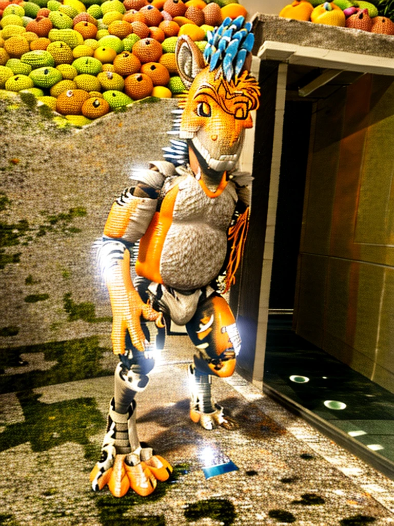 Ultra high resolution, best quality, masterpiece, mirror reflection,  (half transformation), human feathered deinonychus animatronic fursuit hybridization metamorphosis, in dark abandoned unlit bathroom, (part human:1.6) (part feral:1.3), (orange:1.9) (tawny:1.5) (striped:1.2) (spotted:1.1), ((liquid goo partial dripping encasement)), Five nights at Freddy’s style, you stare at your reflection in horror as you morph into a decrepit feathered deinonychus girl animatronic