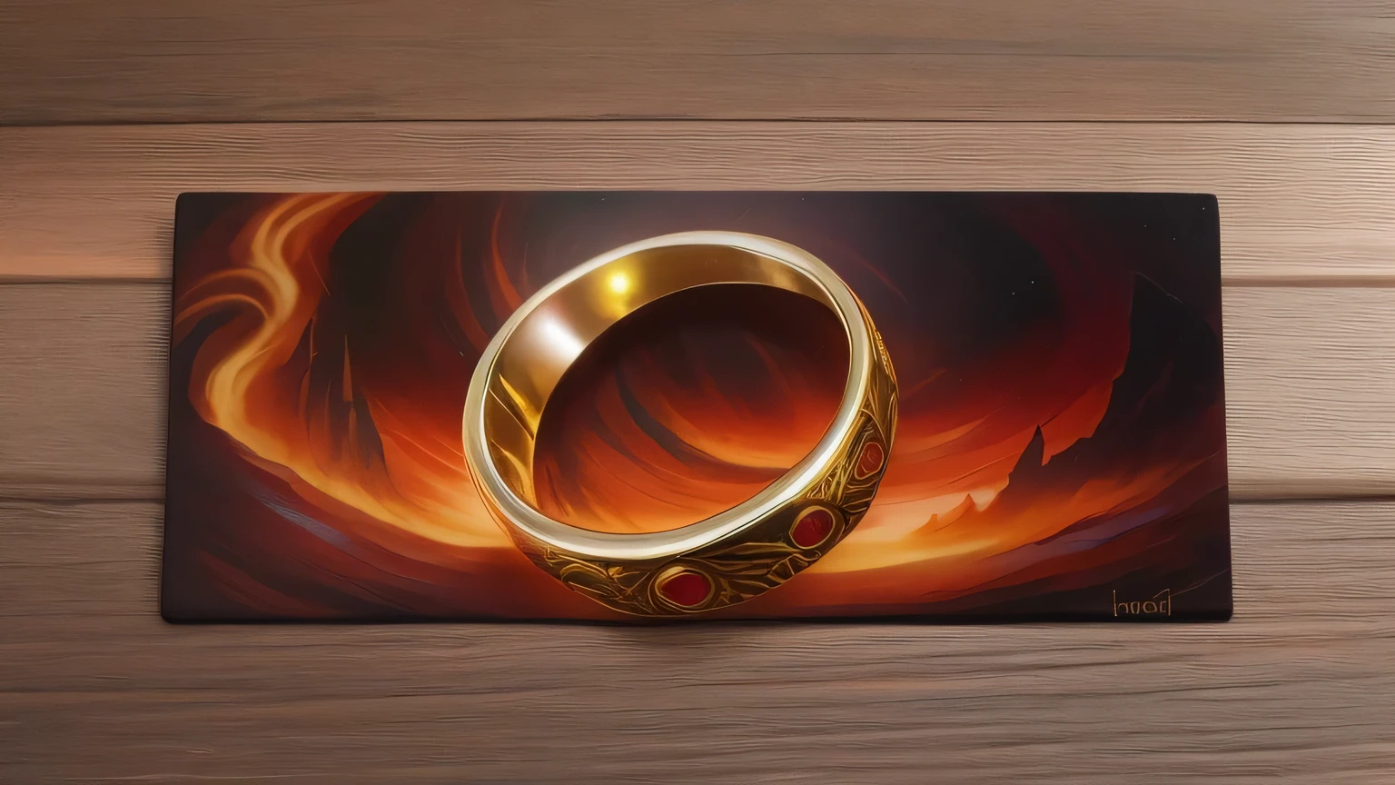 Close up of painted ring on wooden surface, lord of the ring art, lord of the ring, One ring dominates everything, ring of fire, lord of the rings style, middle earth landscape, ring of fire inspired, ring fan art, lord of the rings, eye of sauron, middle earth, ring of fire