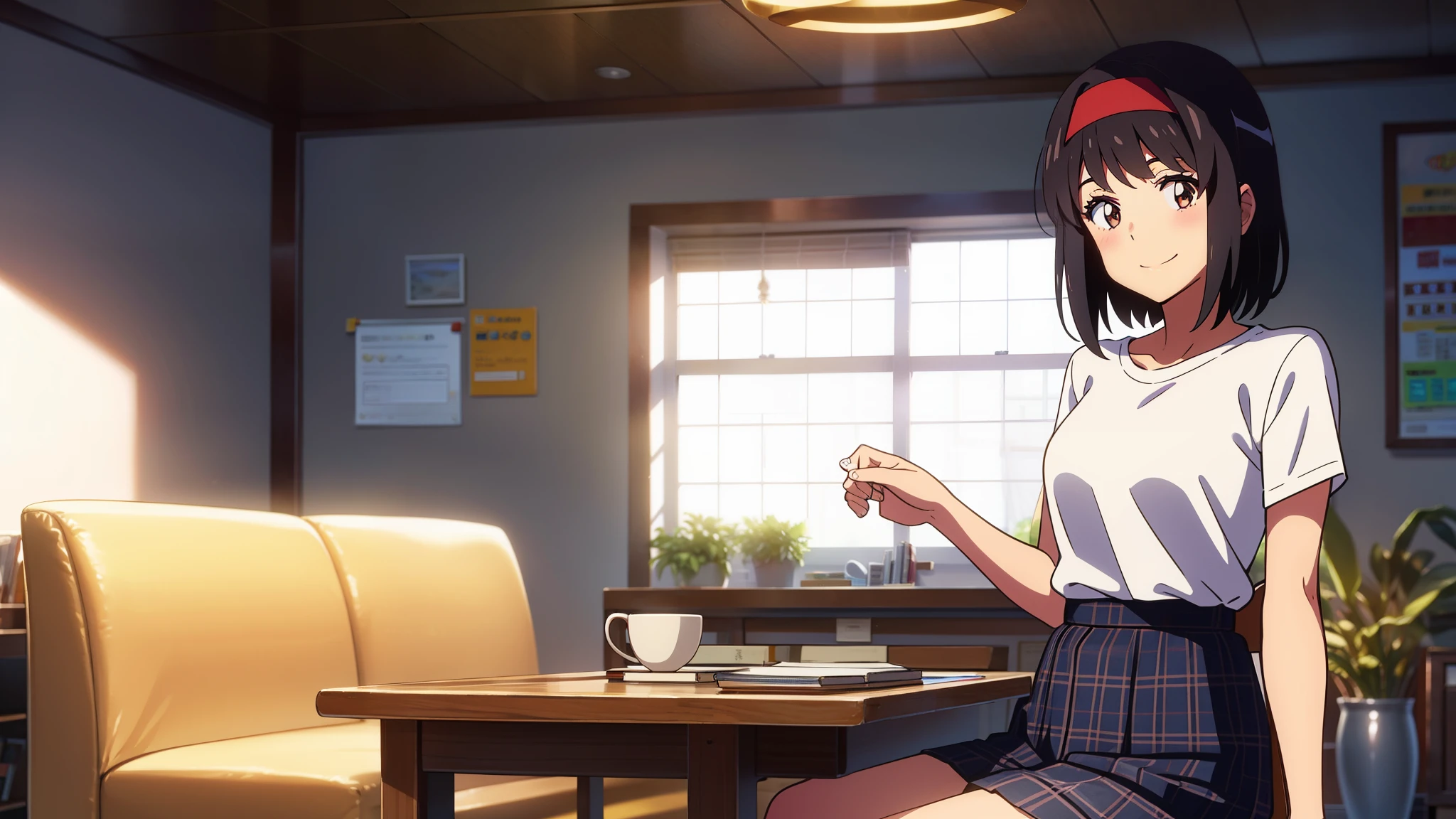 shinkai makoto, kimi no na wa., 1girl, bangs, black hair, blush, bright eyes, brown eyes, red headband, short hair, smile, cute, beautiful, shiny skin, looking at viewer, solo, casual shirt, t-shirt, skirt, plaid skirt, indoors, room, living room, whiteboard, vase, dynamic lights, coffee, table, chair, sitting