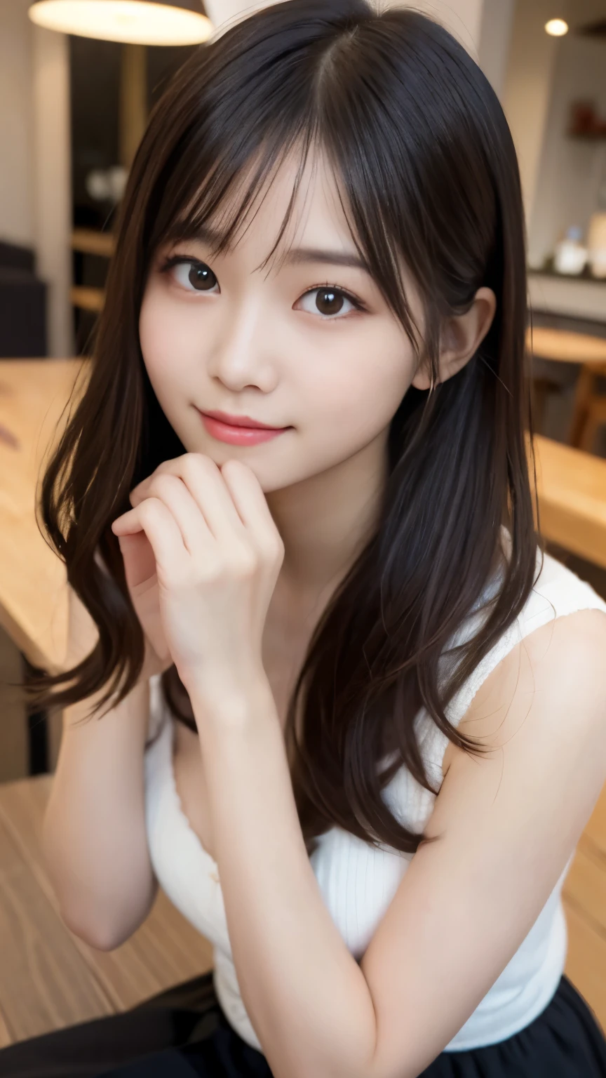  N.F.S.W.、highest quality、disorganized、super detailed、finely、High resolution、8k wallpaper、close up of face、perfect dynamic composition、beautiful and fine eyes、Gorgeous knit Korean winter clothes、skirt、Pretty hairstyle、bangs、(Tying up hair)、long hair、big breasts、natural color lip、bold sexy pose、smile、Cafe、Japanese、12 year old girl、cute、sexy shot looking at camera、Always blur the background、perfect and beautiful face、Take only the face、beautiful and detailed face、slim face and style