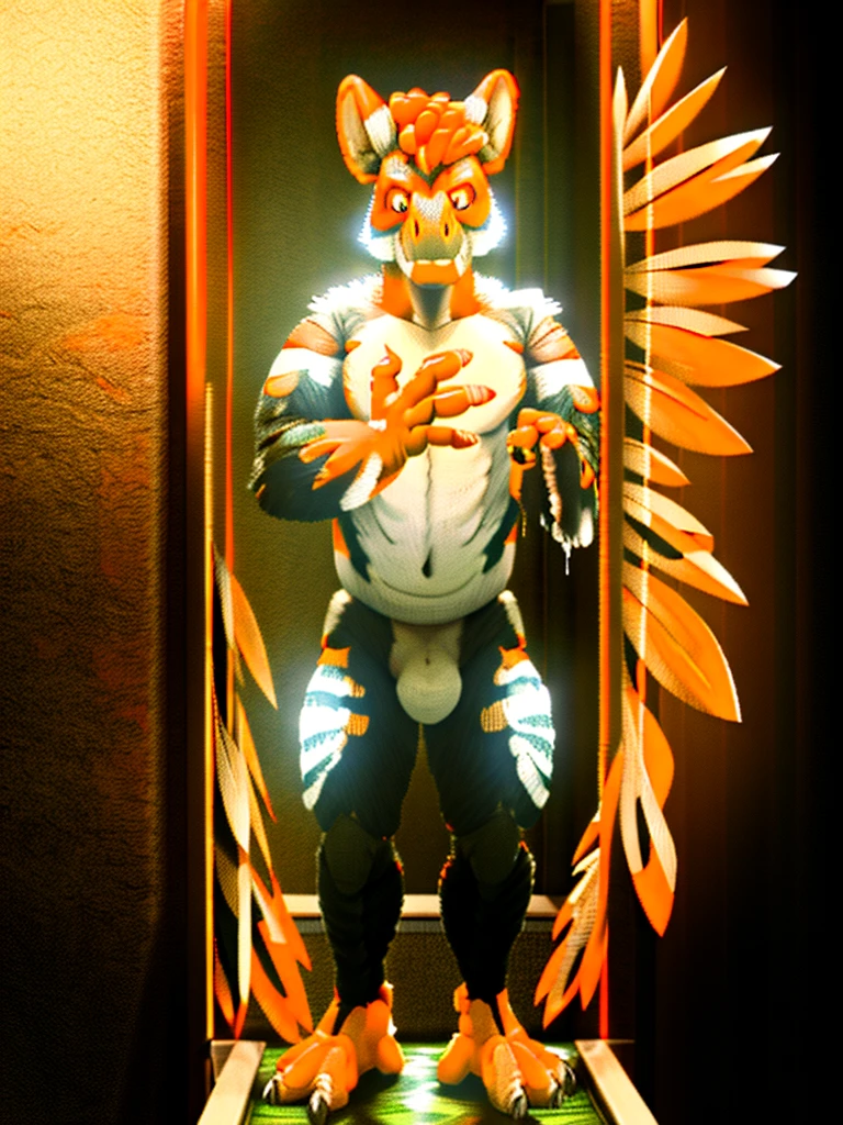 Ultra high resolution, best quality, masterpiece, mirror reflection,  (half transformation), human feathered deinonychus animatronic fursuit hybridization metamorphosis, in dark abandoned unlit bathroom, (part human:1.6) (part feral:1.3), (orange:1.9) (tawny:1.5) (striped:1.2) (spotted:1.1), ((liquid goo partial dripping encasement)), Five nights at Freddy’s style, you stare at your reflection in horror as you morph into a decrepit feathered deinonychus girl animatronic