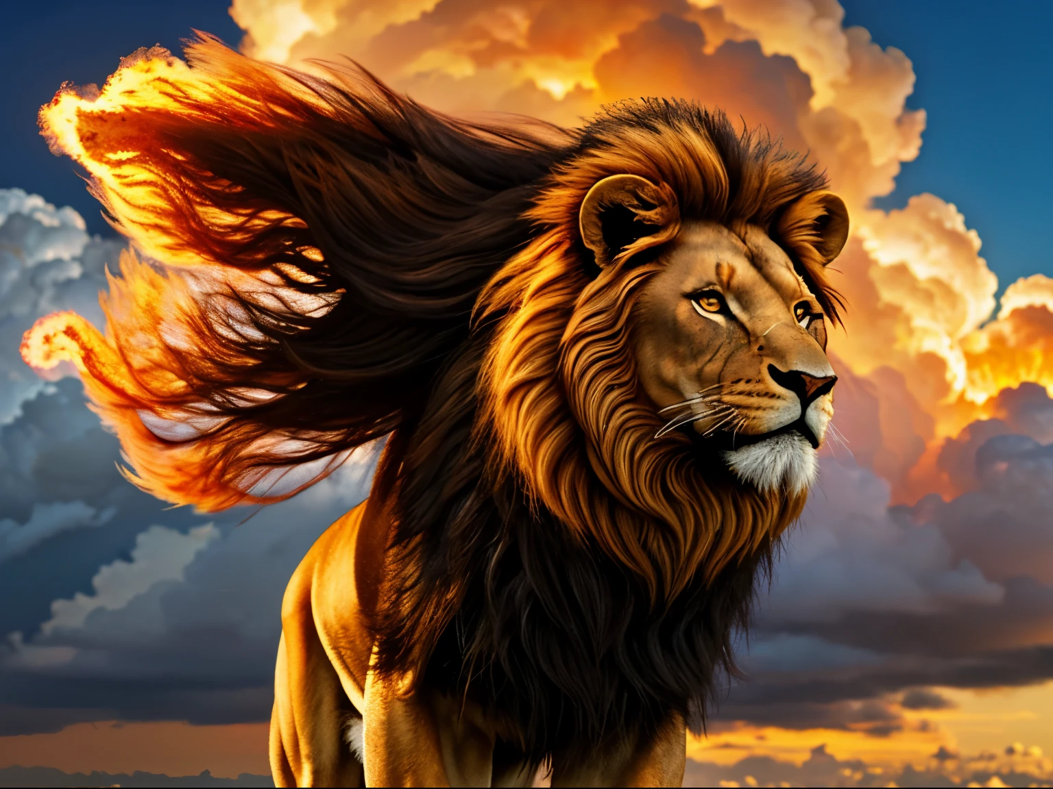A lion with a fiery mane roars against a backdrop of clouds and fire.