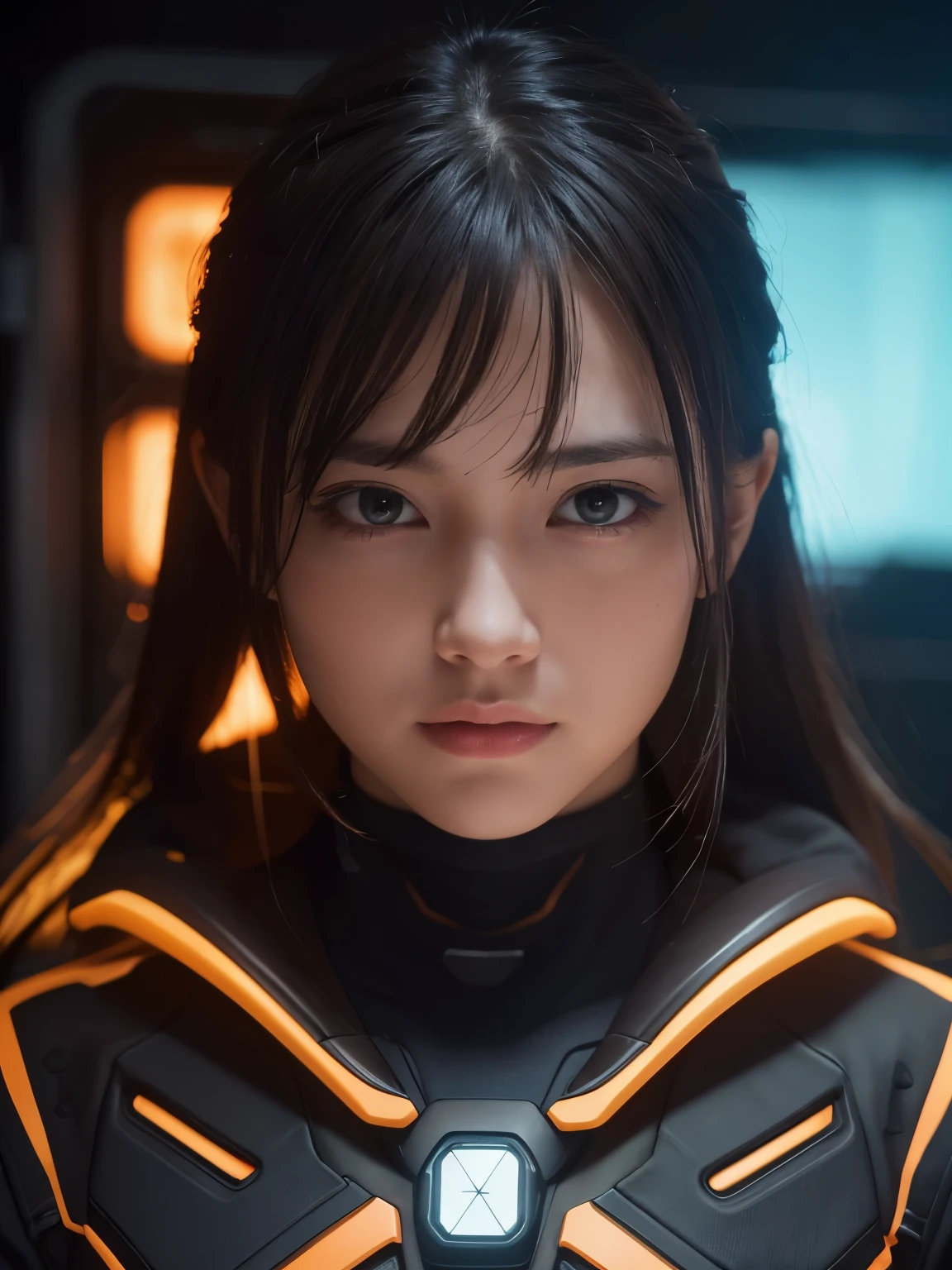 (best quality,4k,8k,highres,masterpiece:1.2),ultra-detailed,(realistic,photorealistic,photo-realistic:1.37),mechanical background,black and orange color scheme,inside a spaceship,1girl,HDR,UHD,studio lighting,ultra-fine painting,sharp focus,physically-based rendering,extreme detail description,professional,vivid colors,bokeh,portrait