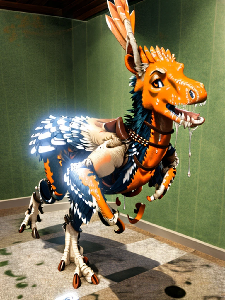 Ultra high resolution, best quality, masterpiece, mirror reflection, (half transformation), human feathered deinonychus animatronic fursuit hybridization metamorphosis, in dark abandoned unlit bathroom, (part human:1.6) (part feral:1.3), (orange:1.9) (tawny:1.5) (striped:1.2) (spotted:1.1), ((liquid goo partial dripping encasement)), Five nights at Freddy’s style, you stare at your reflection in horror as you morph into a decrepit feathered deinonychus girl animatronic