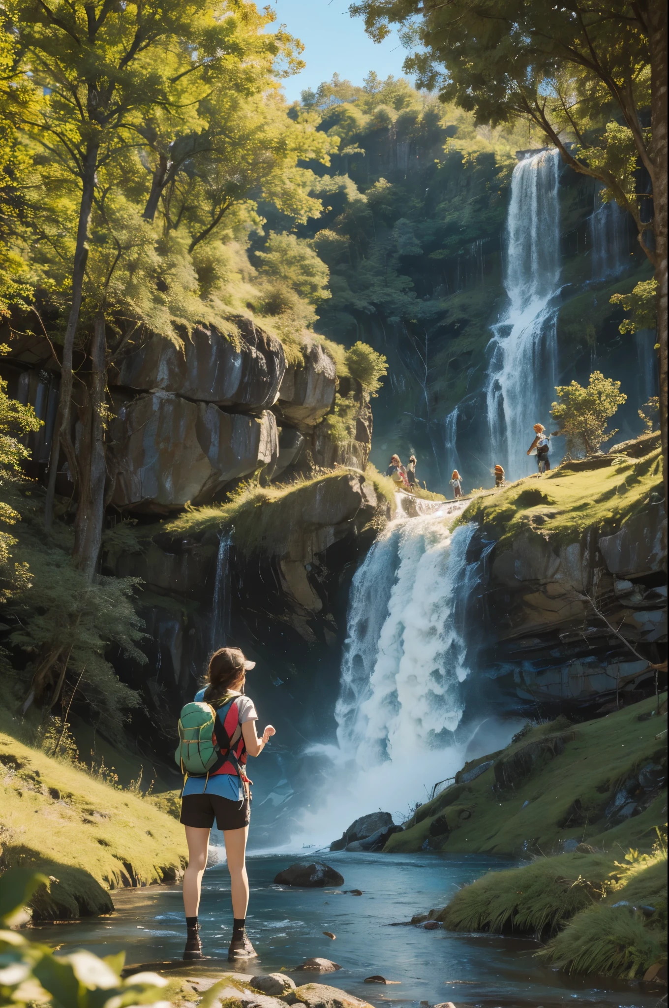 a girl hiking up a mountain, cute girl with hiking gear, adventurous girl exploring nature, beautiful scenic landscape, sunny day with clear blue sky, lush green trees and colorful wildflowers, small puppy following the girl, girl carrying a backpack, stunning view from the mountain top, girl's excited expression, small streams and waterfalls along the trail, peaceful and serene atmosphere, girl conquering challenges, the girl and the puppy enjoying the outdoor adventure, happy and joyful moments captured, high quality illustration, vibrant colors, realistic details, detailed depiction of the girl's face, intricate textures, professional artistry, breathtaking scenery, charming and heartwarming atmosphere