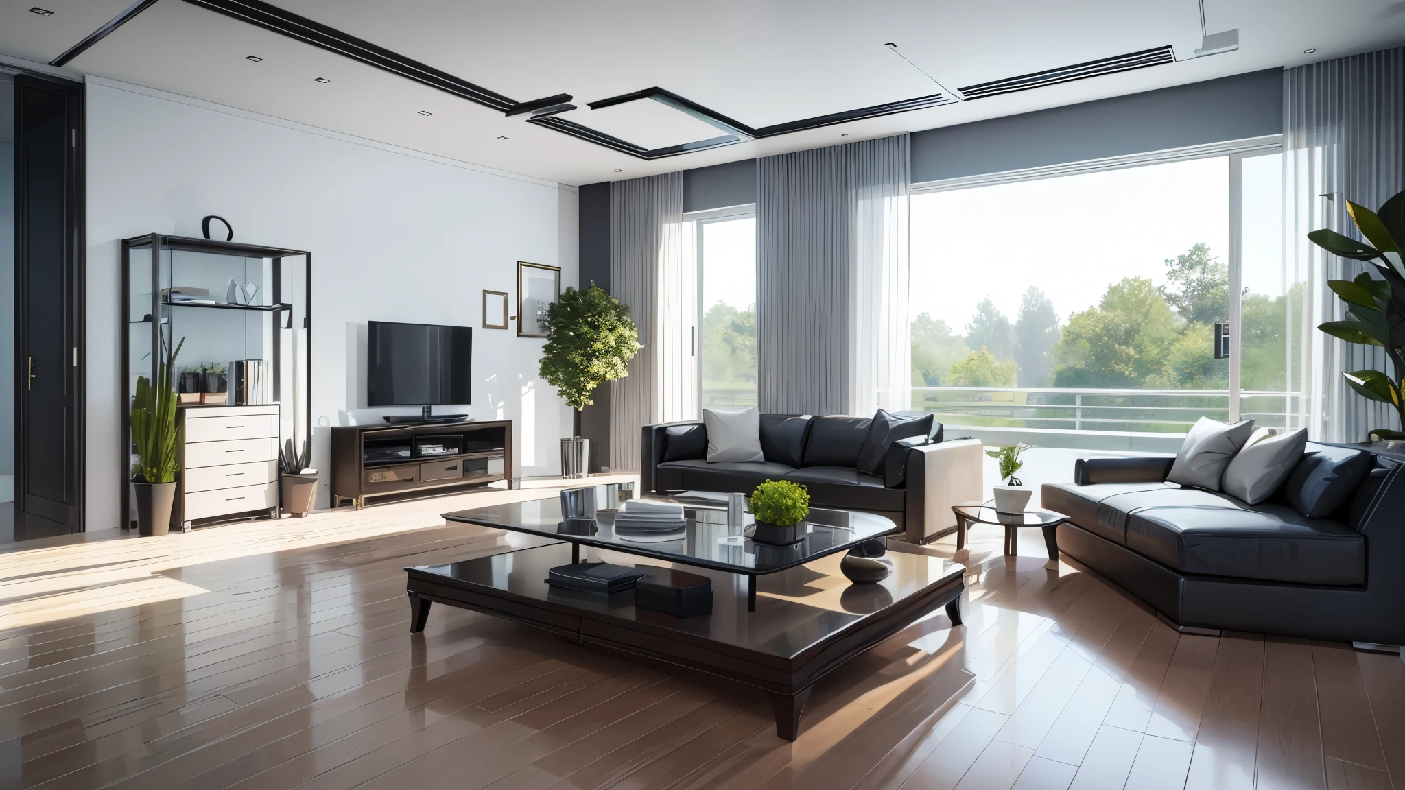 You are a famous interior designer、You have been asked to create a 3D image of a modern large room. Create a harmonious environment with modern and minimalist furniture. Including garden interior.