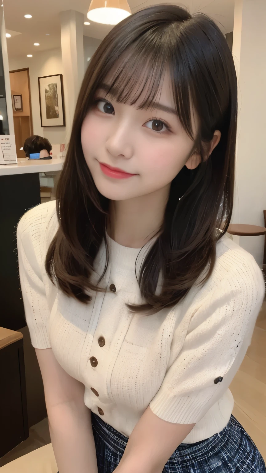 N.F.S.W.、highest quality、disorganized、super detailed、finely、High resolution、8k wallpaper、close up of face、perfect dynamic composition、beautiful and fine eyes、Gorgeous knit Korean winter clothes、skirt、Pretty hairstyle、bangs、(Raise hair)、long hair、big breasts、natural color lip、bold sexy pose、smile、Cafe、Japanese、 girl、cute、sexy shot looking at camera、Always blur the background、perfect and beautiful face、Take only the face、beautiful and detailed face、slim face and style