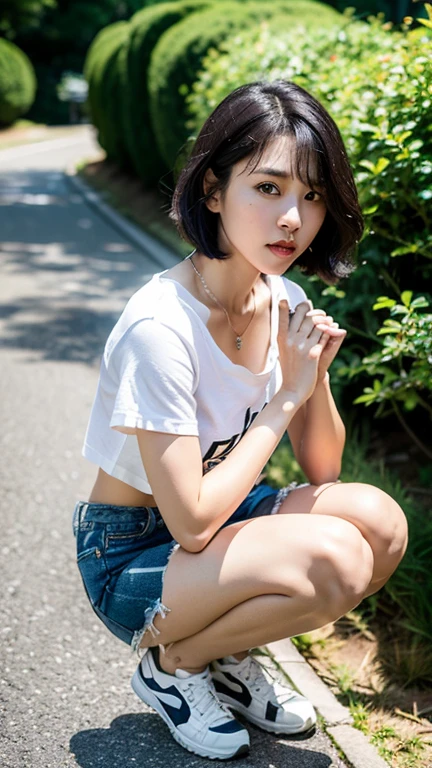 (Best quality, 8k, 32k, Masterpiece, UHD:1.2),Photo of Pretty Japanese woman,1girl,black short hair,l(eaning forward:1.2),squatting,(from above:1.3),pov, (loose t-shirt:1.1),(denim shorts:0.8),lace bra,necklace,small breasts,outdoors, sneakers,