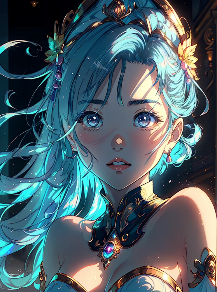 (Highly detailed CG Unity 8K wallpaper,masterpiece, highest quality, super detailed), best illumination and shadow, very delicate and beautiful, floating, dynamic angle and pose, blue hair girl,hair length,dreamy atmosphere,It's sparkling {{(masterpiece),(Highly detailed CG Unity 8K wallpaper),highest quality,alone,cinematic lighting,detailed background,beautiful and fine eyes,bright pupils, (very delicate and beautiful),(Beautiful and detailed eye depiction),super detailed,masterpiece,}}