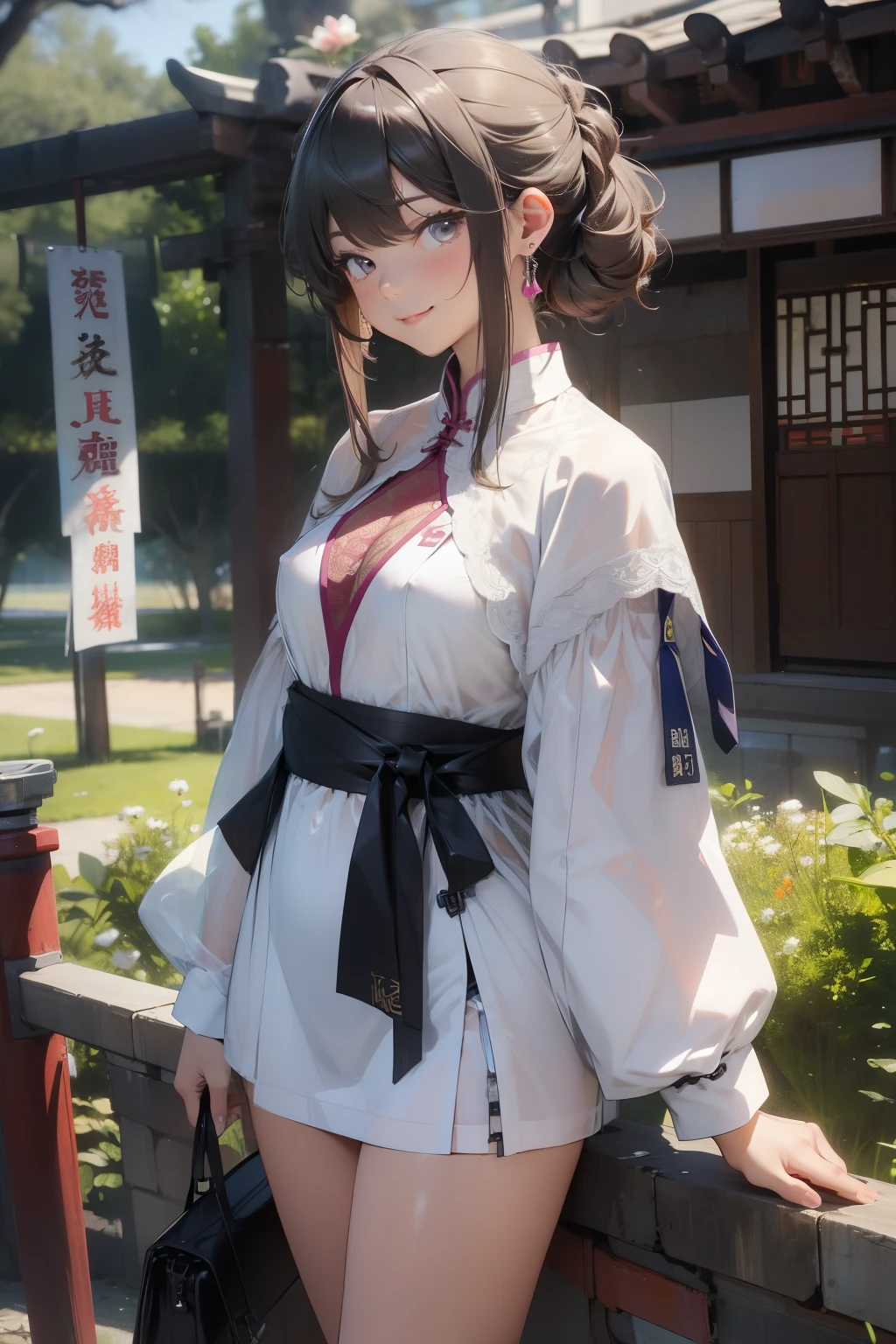 (quality)), ((masterpiece)), Recommended results、Puffy nipples、(see through:1.5)、straighten your back、(Keep hips forward:1.)、、The slender one、huge bust、angle to floor:1.2、low camera angle、There is leakage from the crotch、light pink latex,Smile,cheongsam,Chubby Girls