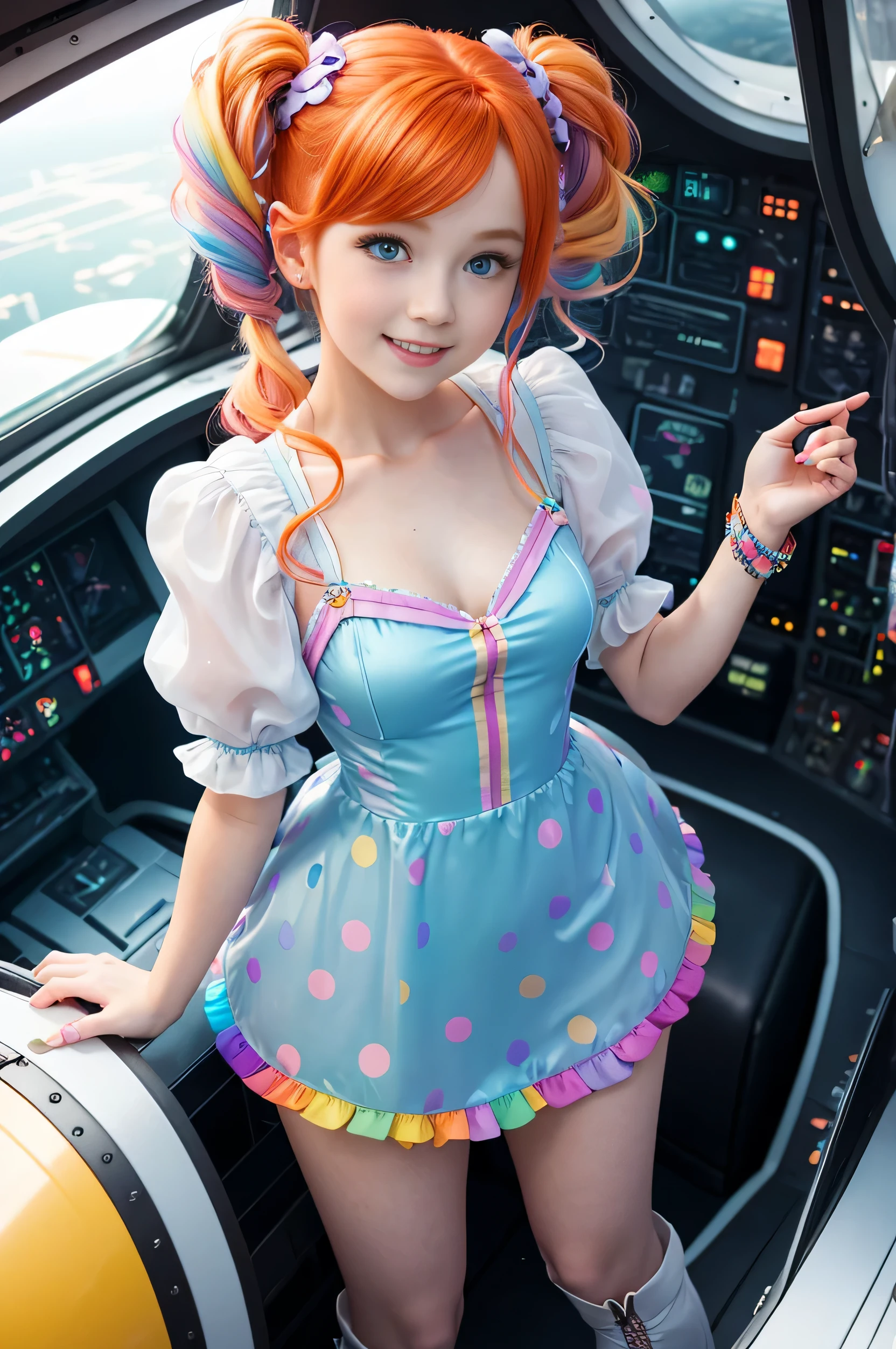 (overhead view) Cute redhead with rainbow colored hair tips, ribbons in her hair, 18-year-old woman, happy, smiling, in twin tails, perfect eyes, clear sparkling blue eyes, pale skin, silky smooth skin, flying a fancy metal luxurious space ship, futuristic cockpit, she's a pilot, outer space seen in windows, dark warm lighting, wearing a futuristic party dress, pleated (chemise) mini dress (pastel rainbow colors, and polka dots), puffy sleeves, silk, pantyhose, cute short cut booties, boots.