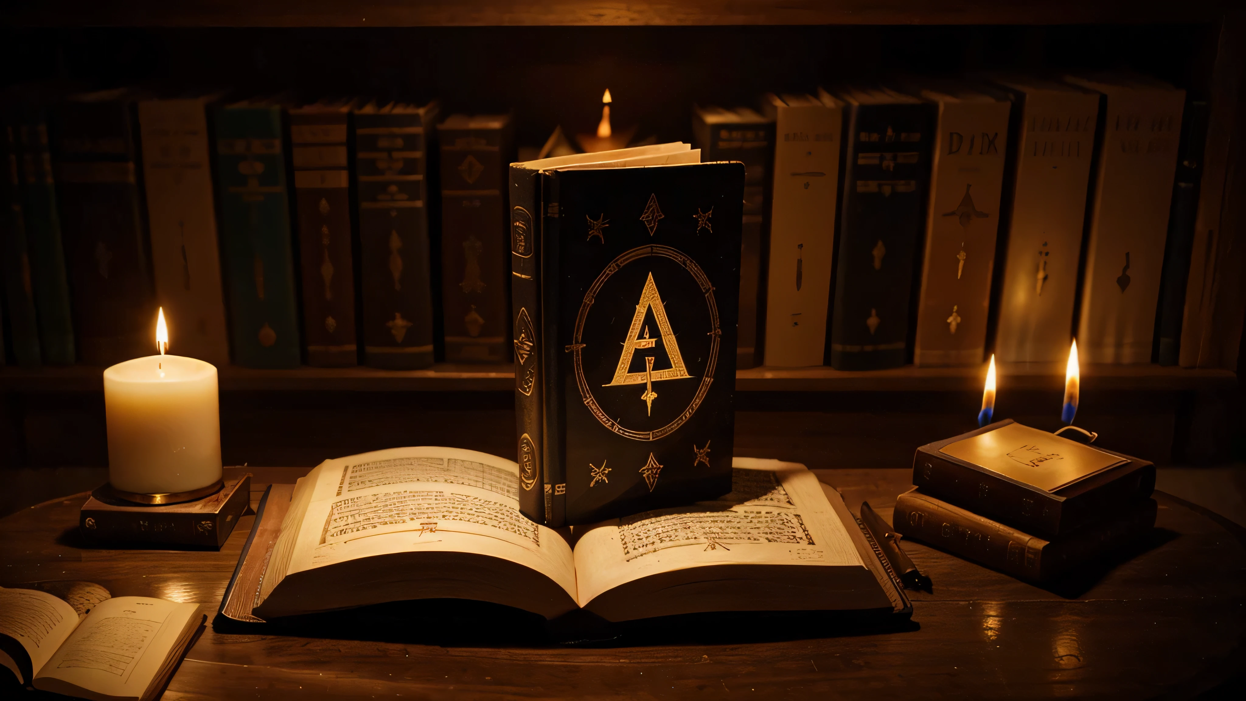 occult book on a pedestal, candles around, mysterious drawings and pictogram on the page of the book, dim lighting,