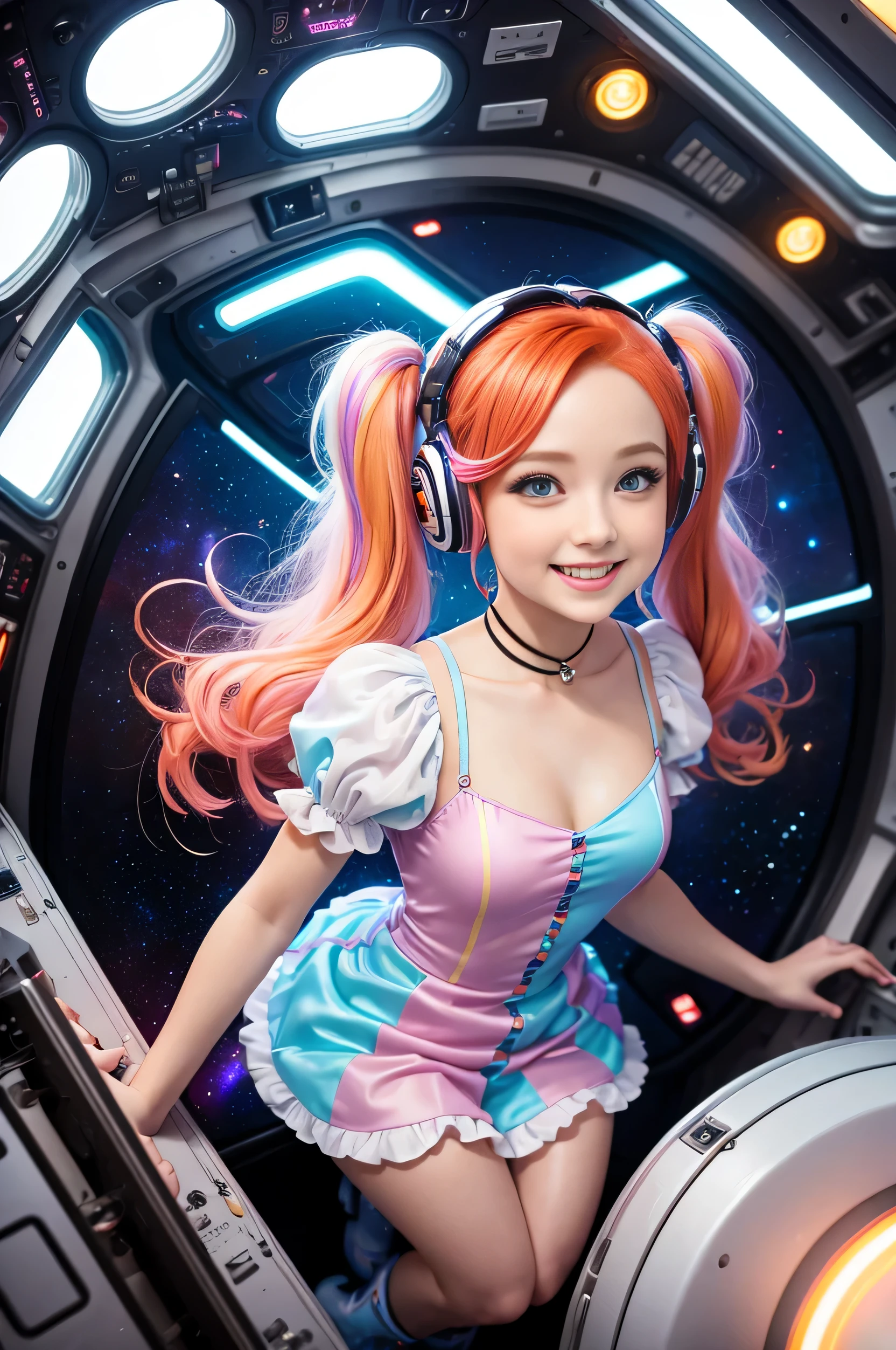 (overhead view) Cute redhead with rainbow colored hair tips, ribbons in her hair, 18-year-old woman, happy, smiling, in twin tails, perfect eyes, clear sparkling blue eyes, pale skin, silky smooth skin, flying a fancy metal luxurious space ship, futuristic cockpit, she's a pilot, outer space seen in windows, dark warm lighting, wearing a futuristic party dress, pleated (chemise) mini dress (pastel rainbow colors, and polka dots), puffy sleeves, silk, pantyhose, cute short cut booties, boots.