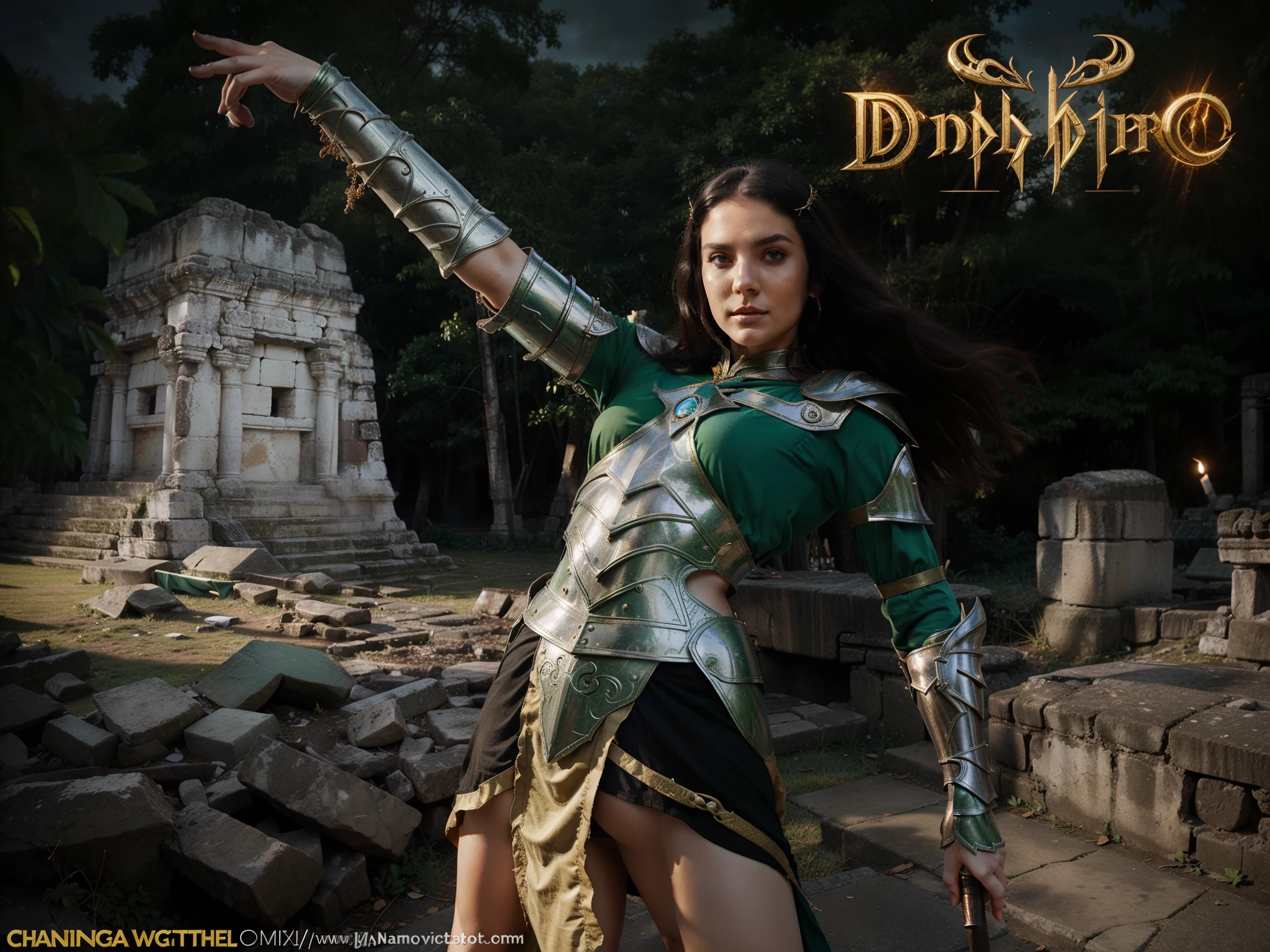 a woman in a ((green outfit and armor)) holding a wand and a purple light, head accessory, diablo 2 sorceress, diablo 2 character, wizard head circlet, a lightning mage, (cute face, handsome face, detailed face, detailed eyes, detailed nose, detailed lips), epic mage girl character, mighty plump female sorceress, holding a magic staff, female earth mage, sorceress, female mage, supervillain sorceress witch, sorceress, as a wind mage, ((Maya ruins on background))