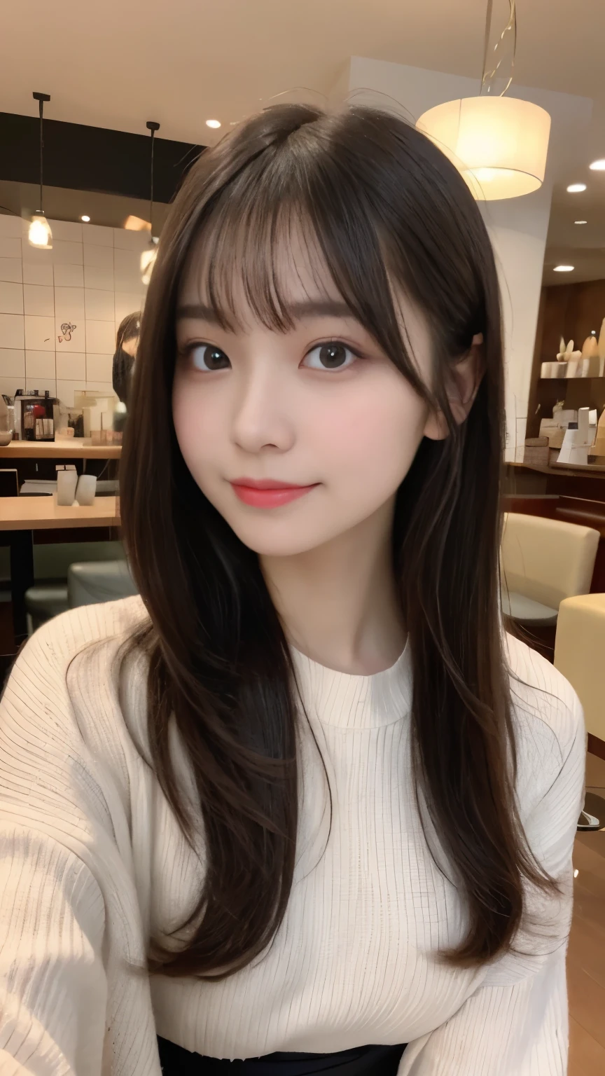  N.F.S.W.、highest quality、disorganized、super detailed、finely、High resolution、8k wallpaper、close up of face、perfect dynamic composition、beautiful and fine eyes、Gorgeous knit Korean winter clothes、skirt、Pretty hairstyle、bangs、(up hair)、long hair、big breasts、natural color lip、bold sexy pose、smile、Cafe、Japanese、12 year old girl、cute、sexy shot looking at camera、Always blur the background、perfect and beautiful face、Take only the face、beautiful and detailed face、slim face and style