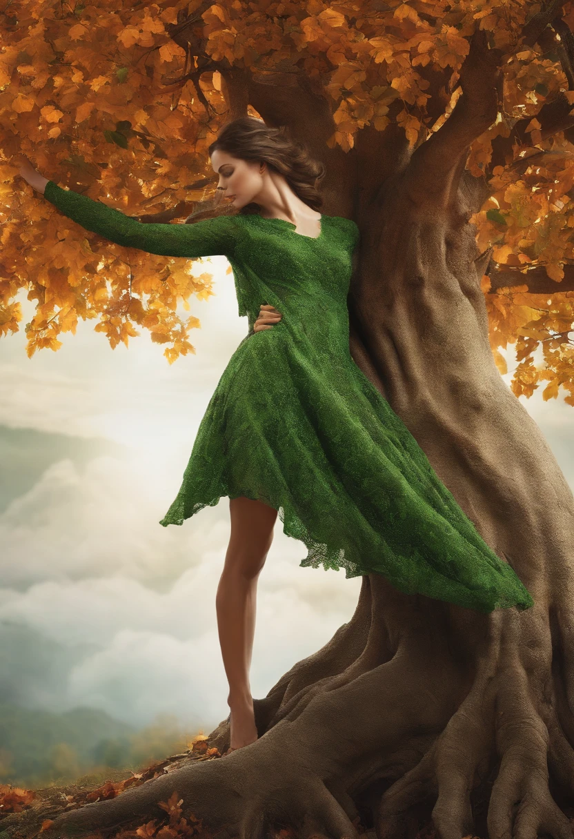 close up, Arbomorph The embrace of a woman's face turns into a leafy tree, Take the root as the leg, branches like arms, some leaves flying on white background,