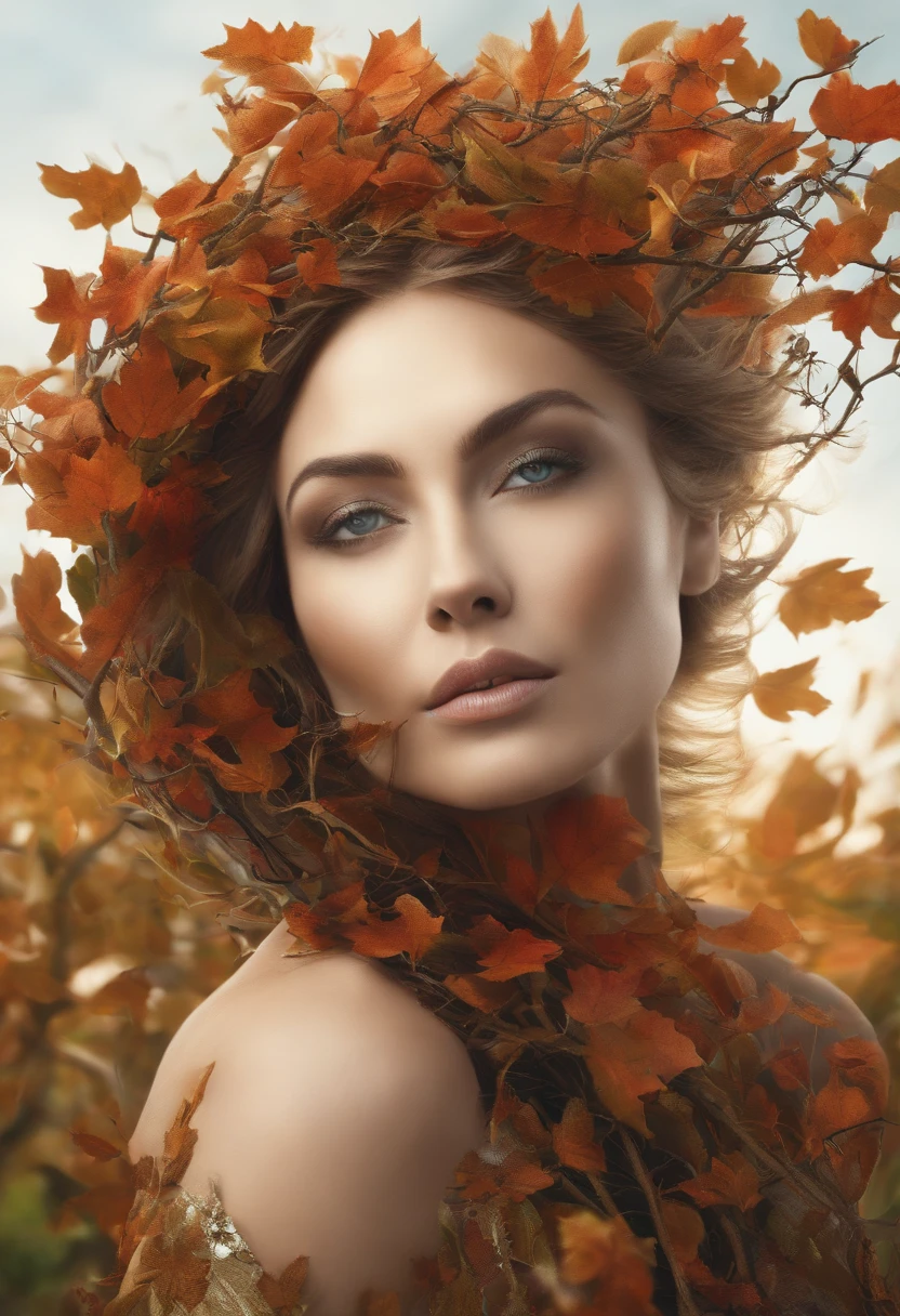 close up, Arbomorph The embrace of a woman's face turns into a leafy tree, Take the root as the leg, branches like arms, some leaves flying on white background,