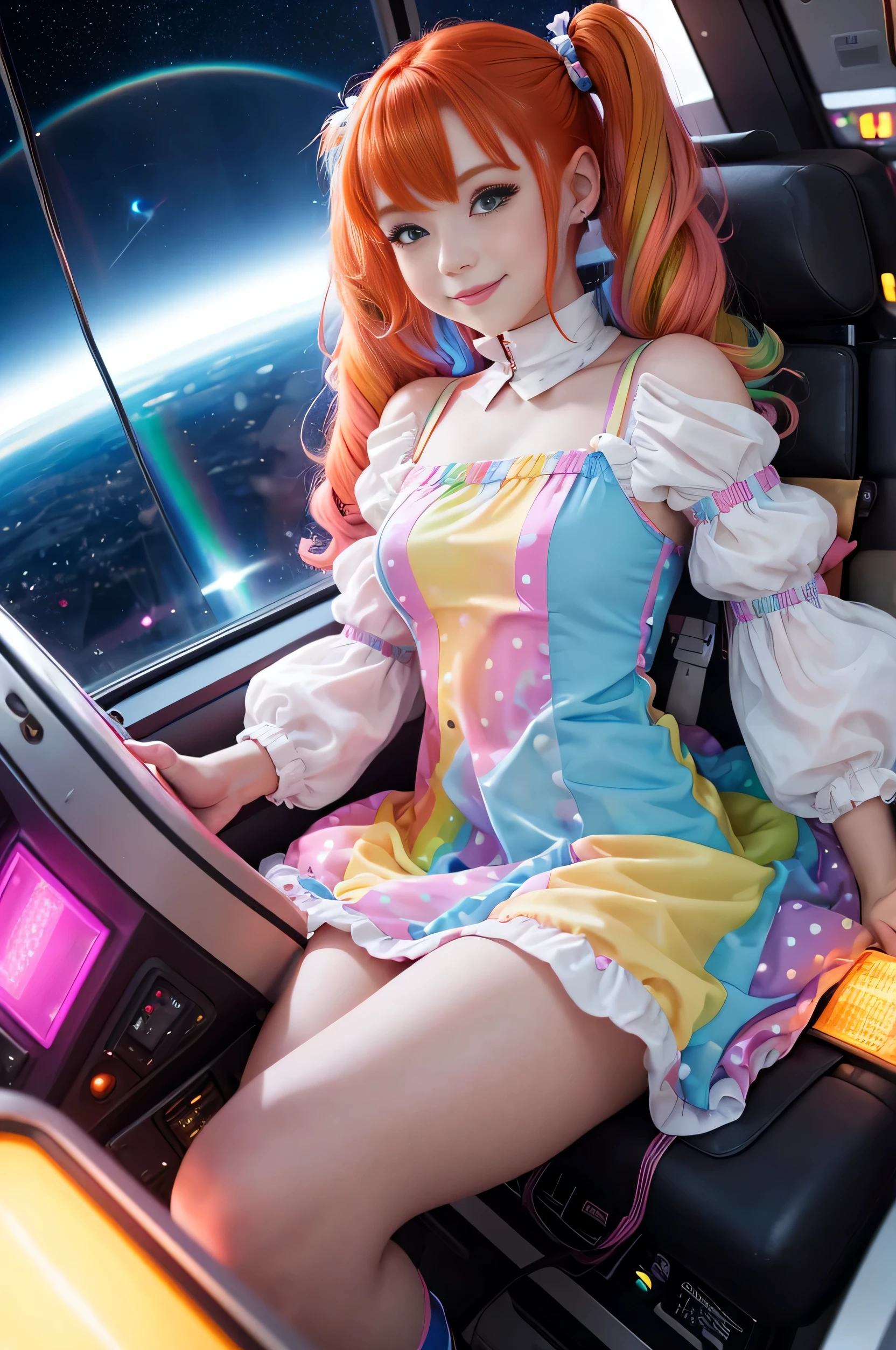 (overhead view) Cute redhead with rainbow colored hair tips, ribbons in her hair, 18-year-old woman, happy, smiling, in twin tails, perfect eyes, clear sparkling blue eyes, pale skin, silky smooth skin, flying a fancy metal luxurious space ship, futuristic cockpit, she's a pilot, outer space seen in windows, dark warm lighting, wearing a futuristic party dress, pleated (chemise) mini dress (pastel rainbow colors, and polka dots), puffy sleeves, silk, pantyhose, cute short cut booties, boots.