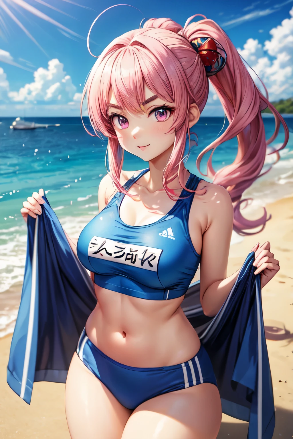 Anime beauty, anime style, blue sportswear, long ponytail, tall eyebrows, pink eyes, seaside