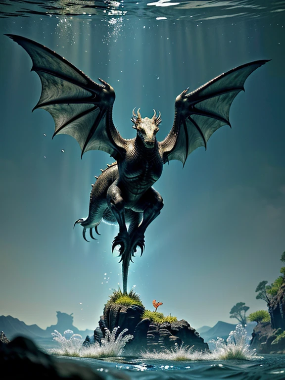 As the first light of dawn broke over the horizon, the tranquil surface of the lake shimmered in the soft, golden glow. A hush fell over the surrounding forest as all its inhabitants prepared for the day ahead. But deep beneath the crystal-clear waters, a powerful and enigmatic creature stirred.
With a graceful motion, a black dragon sliced through the water, its sinewy form weaving through the depths like a shadow. Its scales glinted with an otherworldly sheen, reflecting the light in mesmerizing patterns. With a flick of its massive wings, the dragon propelled itself forward, its sleek body moving with effortless power.
The dragon's fierce gaze scanned the underwater world, its amber eyes ablaze with intelligence and curiosity. It was a creature of ancient legend, a being of myth and magic that had long captured the imaginations of storytellers and dreamers alike. And yet, here it was, undeniably real and undeniably magnificent.
As the dragon swam, the water around it seemed to dance and ripple in its wake, as if paying homage to the majestic creature. The underwater flora and fauna parted in silent reverence, allowing the dragon to move unhindered through their domain.
Despite its imposing presence, there was an undeniable grace to the dragon's movements, a fluidity that spoke of centuries spent mastering the art of navigating the watery depths. It was a being of contradictions, simultaneously powerful and elegant, fearsome and beautiful.
As the morning light continued to grow, casting a warm glow over the underwater realm, the black dragon continued its solitary journey, its indomitable spirit a testament to the enduring allure of mythical creatures. And as it disappeared into the depths, leaving only the memory of its fleeting presence, the forest and lake held their breath, holding tight to the magic of the moment.