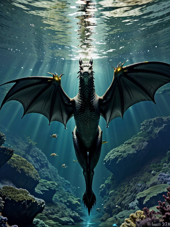 The scene opens with shimmering sunlight breaking through the water’s surface, illuminating a vibrant coral reef. Suddenly, a loud rumble shakes the sea as we pan up to a massive DRAGON, soaring above the ocean. Its scales shimmer like emeralds as it circles the water.