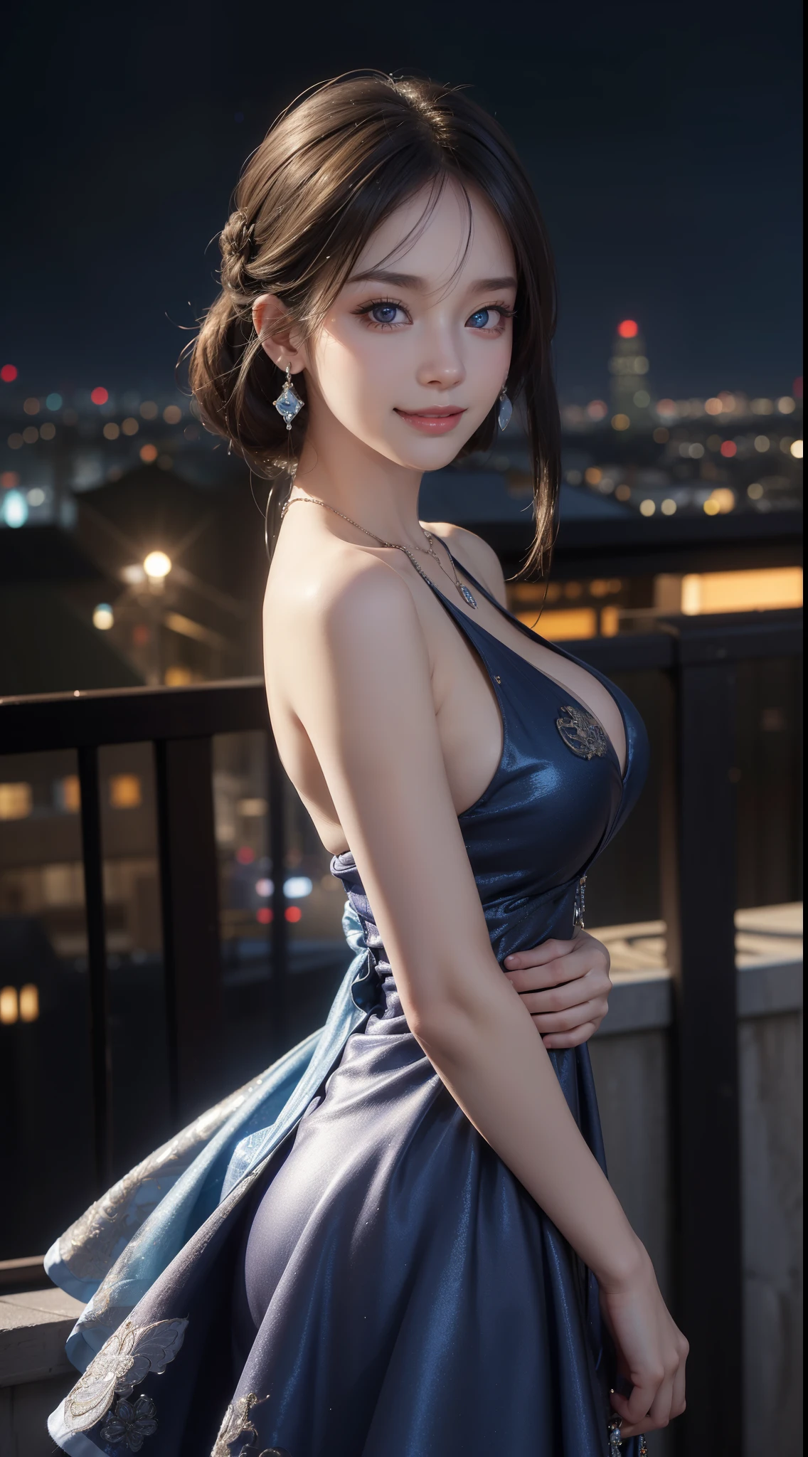 8k, masterpiece, RAW photo, best quality, photorealistic, extremely detailed CG unity 8k wallpaper, Depth of field, Cinematic Light, Lens Flare, Ray tracing, (extremely beautiful face, beautiful lips, beautiful eyes), intricate detail face, ((ultra detailed skin)) 1girl, in the dark, deep shadow, pretty asian girl, ((looking at viewer)),(big smile), (blurry background), midnight, (pretty girl), earrings, bracelets, necklace, clear eyes, (pale skin), face forward, (big eyes), (looking at viewer), large breasts ,((smile)), rooftop, dim lights, ((night)), cityscape, blue eyes, sparkling dress, , mini dress, very short red dress, open breast, veranda, very slim, (medium butt), see through dress, thick thighs, open breast