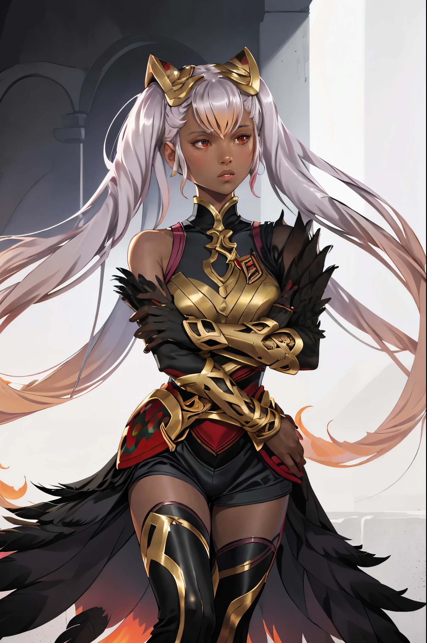 defLaev, hair ornament, black bodysuit, bare shoulders, armor, gauntlets, feather trim, thigh boots