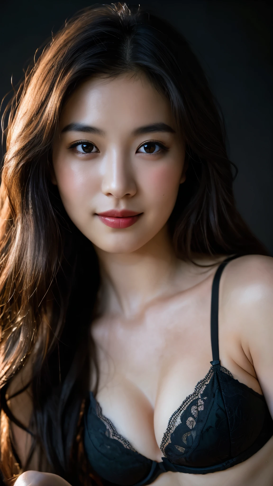 highest quality, epic realistic, ((in the pitch black darkness :1.4)), ((portrait:1.5)),(background: dark ) high contrast ,glorious picture, lowest lux, lighting face, she's comfortable, wearing lingerie, looks incredible, (8k, Raw photo, Highest quality),(epic realistic:1.5), a woman, face,(detailed eyes:0.8),(looking at the camera:1.4), (Highest quality), ( high contrast, deep shadows),Intricate details,cinematic,((skin:1.4)), (long dark hair:1.3), long hair, messy ,(Hdr:1.5),Detailed, colors, Superior quality, Masterpiece, Raw Photo (20-year-old, looking at viewer), beautiful, (wearing underwear,), perfect, natural, perfect composition, portrait, perfect face, smiling expression, Captivating eyes, Bright details, Tight lips, (High Skin Detail),, (blue tint: 0.6), (sale: 0.8), (bloody: 0.7), Key lighting , (backlight: 0.5), Medium depth of field, Canon 5d, 50mm lens, f/4 apertures, (Ultra-detailed, Complex detail), sharp focus, soft colors, 8k, Absurd, 80mm, dark background, photography, smiling, medium ,