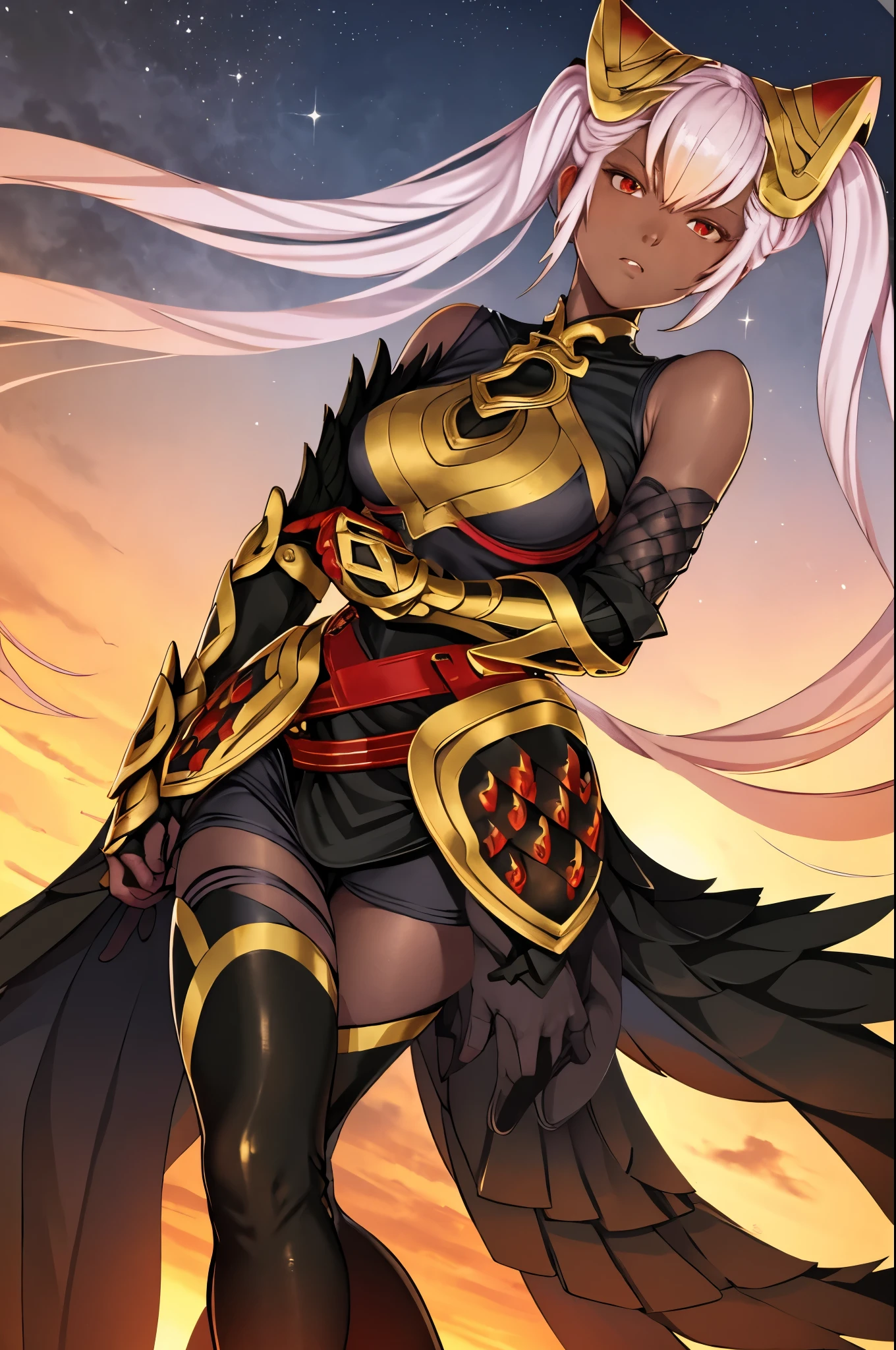 defLaev, hair ornament, black bodysuit, bare shoulders, armor, gauntlets, feather trim, thigh boots