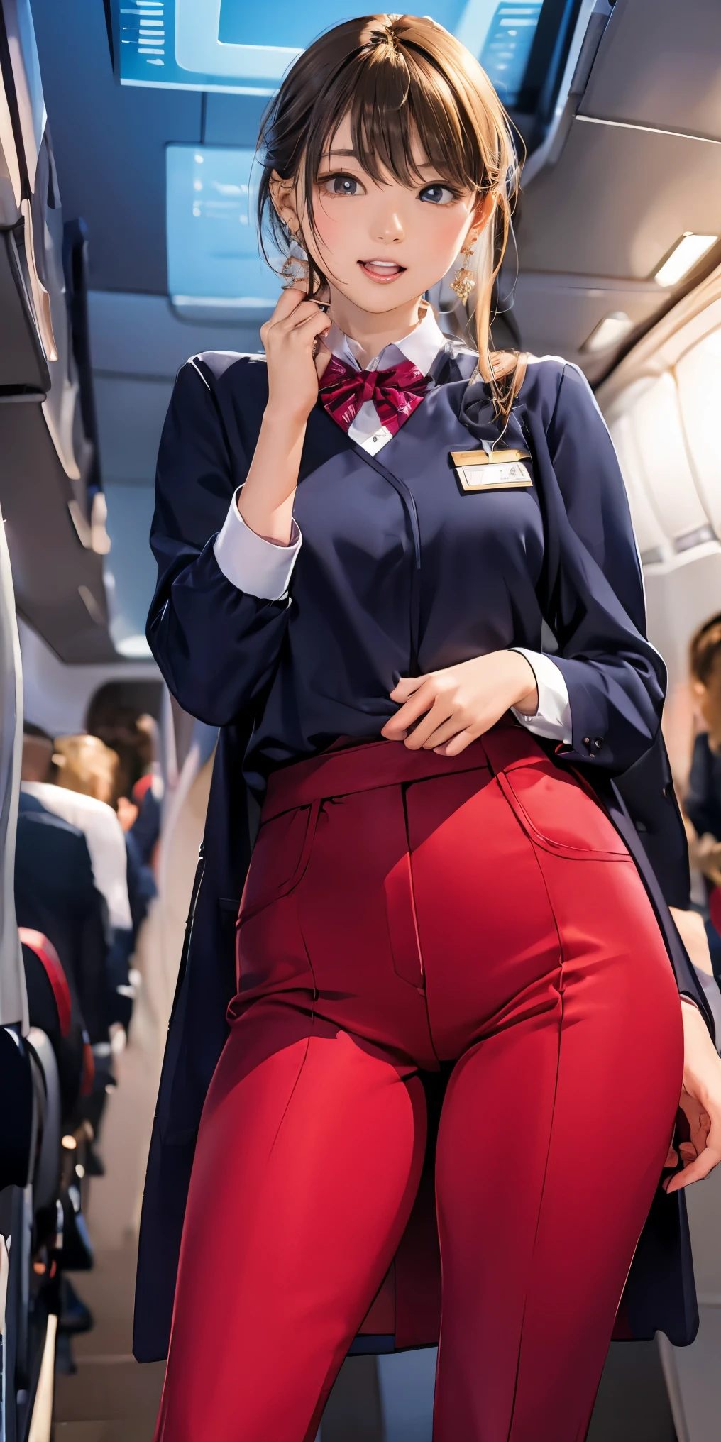 atmospheric perspective, 8K, Super detailed, Accurate, highest quality, anime background, 1 female, droopy eyes, sleepy, Low - Angle, Pants with a luxurious design and bright colors, Draw pants with super precision, thigh-high stocking, show off your panties to the camera, masturbation, ecstasy face, open your mouth, (Winter clothes of flight attendants), earrings, (hair up)