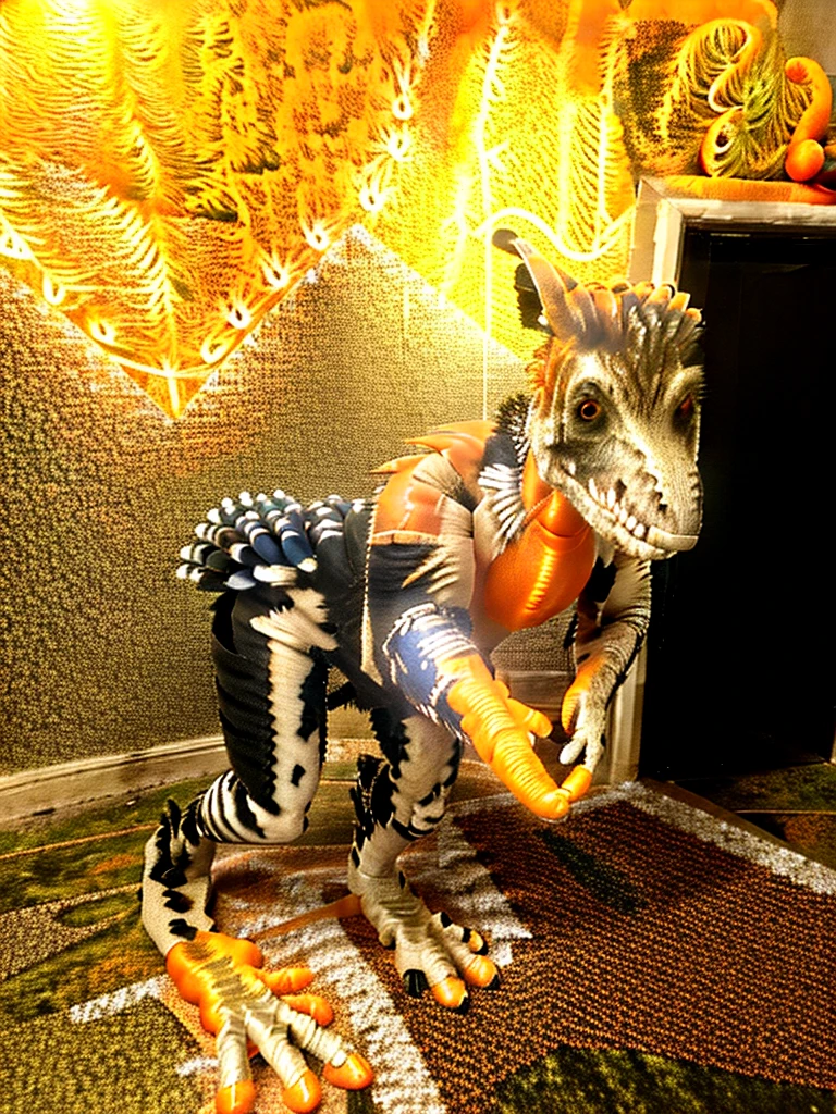 Ultra high resolution, best quality, masterpiece, mirror reflection,  (half transformation), human feathered deinonychus animatronic fursuit hybridization metamorphosis, in dark abandoned unlit bathroom, (part human:1.6) (part feral:1.3), (orange:1.9) (tawny:1.5) (striped:1.2) (spotted:1.1), ((liquid goo partial dripping encasement)), Five nights at Freddy’s style, you stare at your reflection in horror as you morph into a decrepit feathered deinonychus girl animatronic