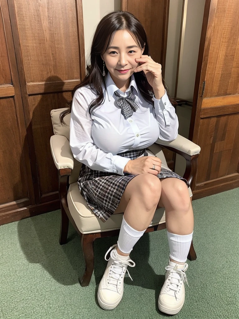 ​(masterpiece, highest quality), japanese mature, (alone), 60 years old, (wrinkles around the eyes:1.5), big breasts, mature woman, Glamour, Sexy, pure white skin, looking at the viewer、(super big breasts:1.28)、(Wavy Longhair)、small diamond necklace、earrings、(((collared shirt, checked skirt)))、short boots、smile、Public place、cross your legs、sit on a chair、full body photo、
