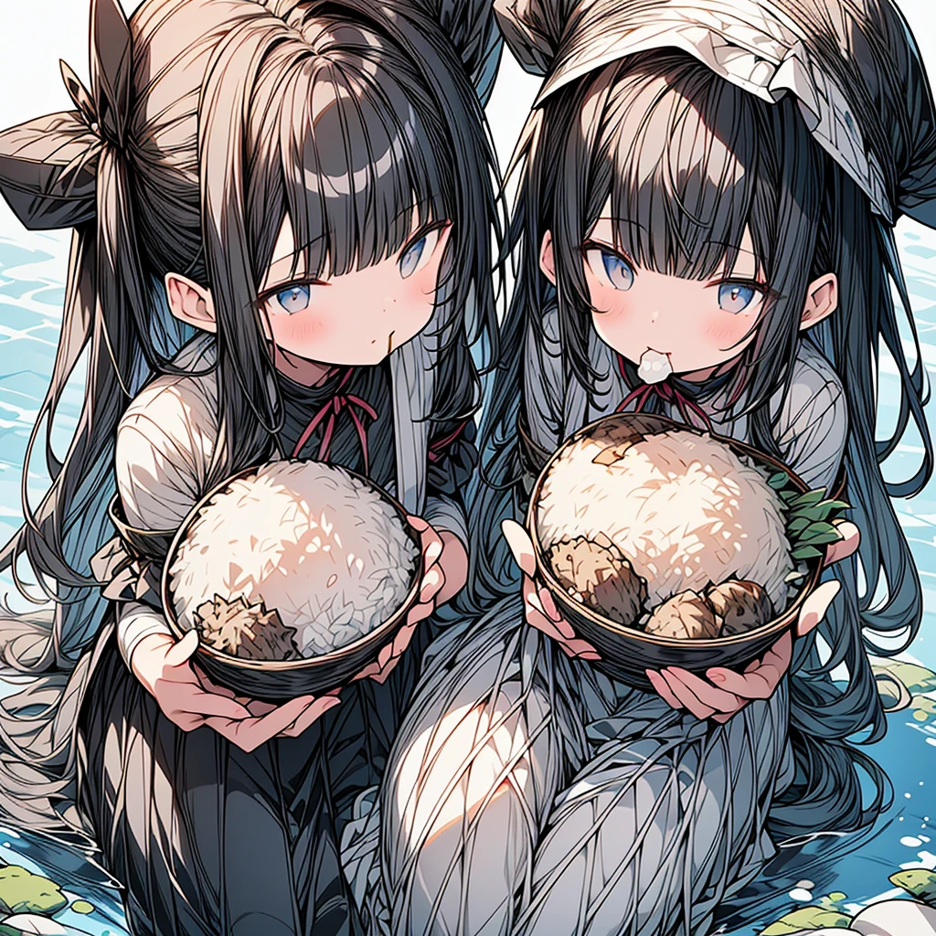 NSFW、master piece、high quality、high resolution、High resolution、high contrast、Angle looking up from diagonally below、Realistic anime style、Rich and delicate drawings、Triangular rice balls、(Girl eating a large triangular rice ball with seaweed)、Cute girl with swollen cheeks、Plenty of rice balls、Eating happily and deliciously、Cute and comical anime-style illustrations