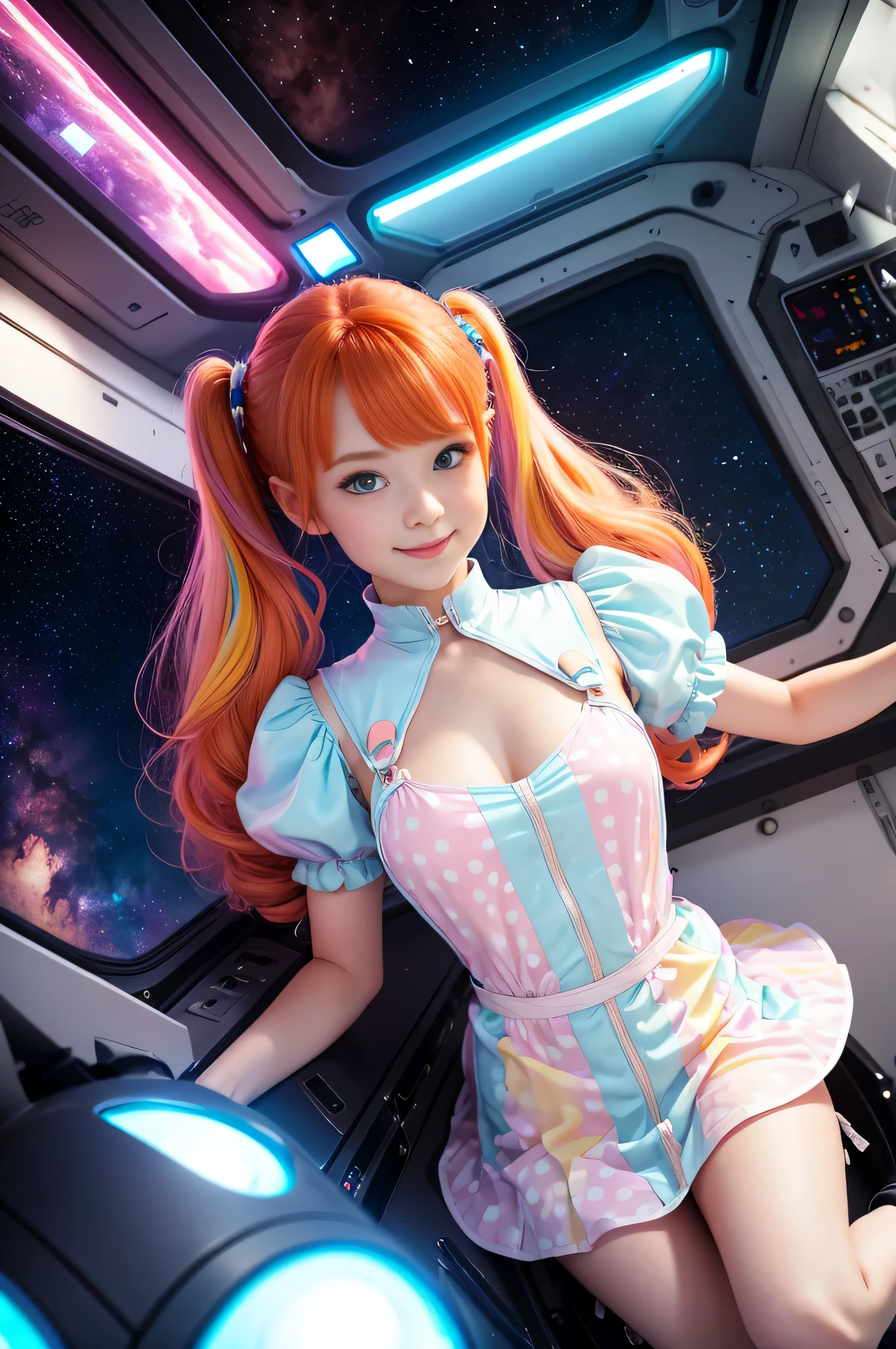 (overhead view) Cute redhead with rainbow colored hair tips, ribbons in her hair, 18-year-old woman, happy, smiling, in twin tails, perfect eyes, clear sparkling blue eyes, pale skin, silky smooth skin, flying a fancy metal luxurious space ship, futuristic cockpit, she's a pilot, outer space seen in windows, dark warm lighting, wearing a futuristic party dress, pleated (chemise) mini dress (pastel rainbow colors, and polka dots), puffy sleeves, silk, pantyhose, cute short cut booties, boots.