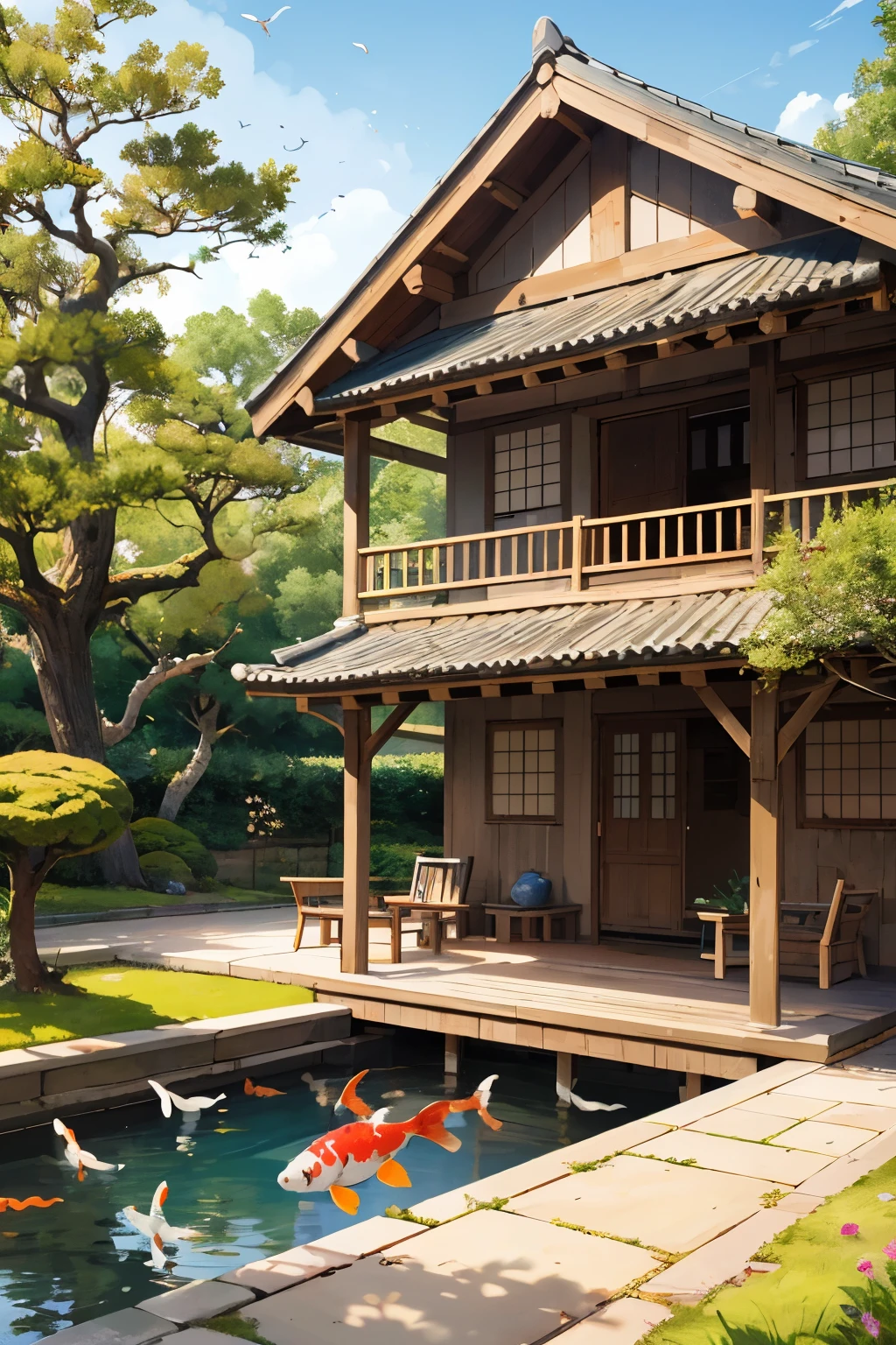 japadi style, outdoor, 2 floors, trees, koi fish, 
